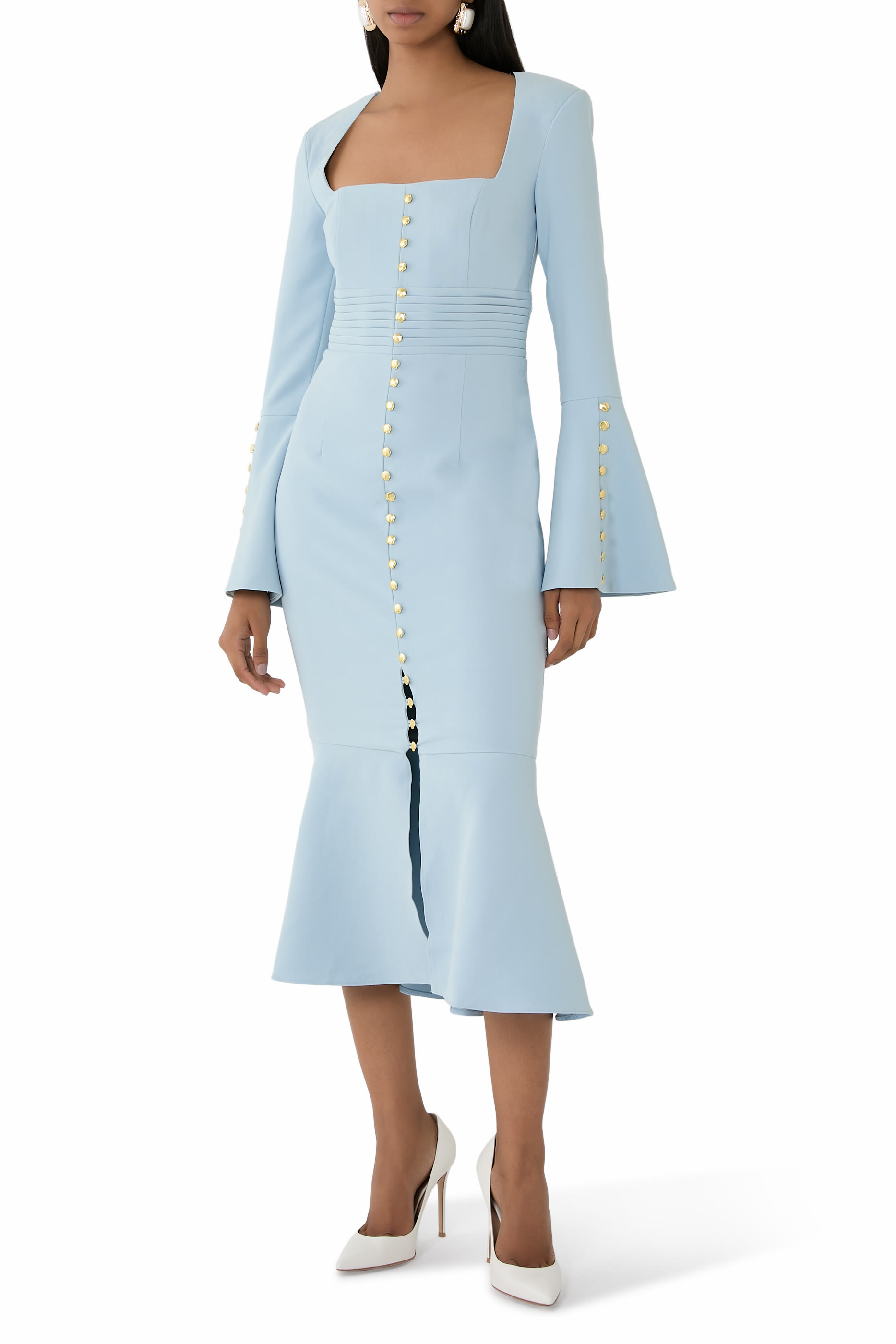 Serena Fluted Sleeves Micro Shell Button Midi Dress
