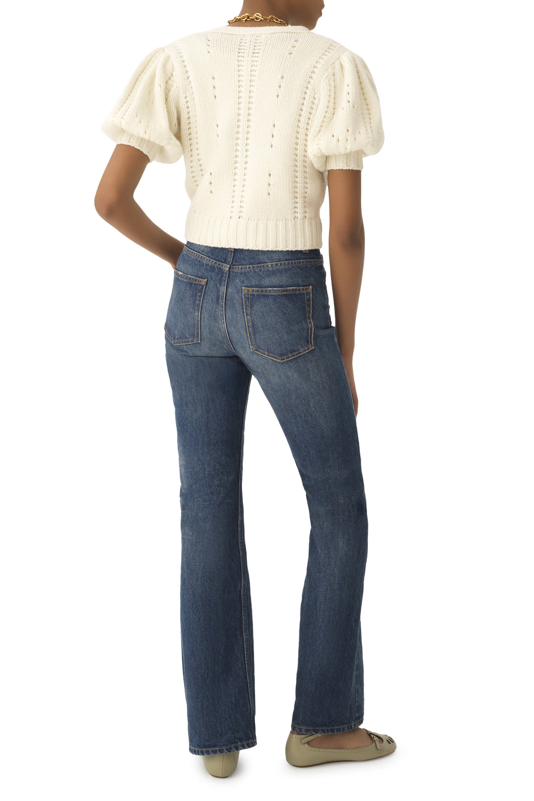 Puff-Sleeve Cardigan in Wool & Cashmere Knit 