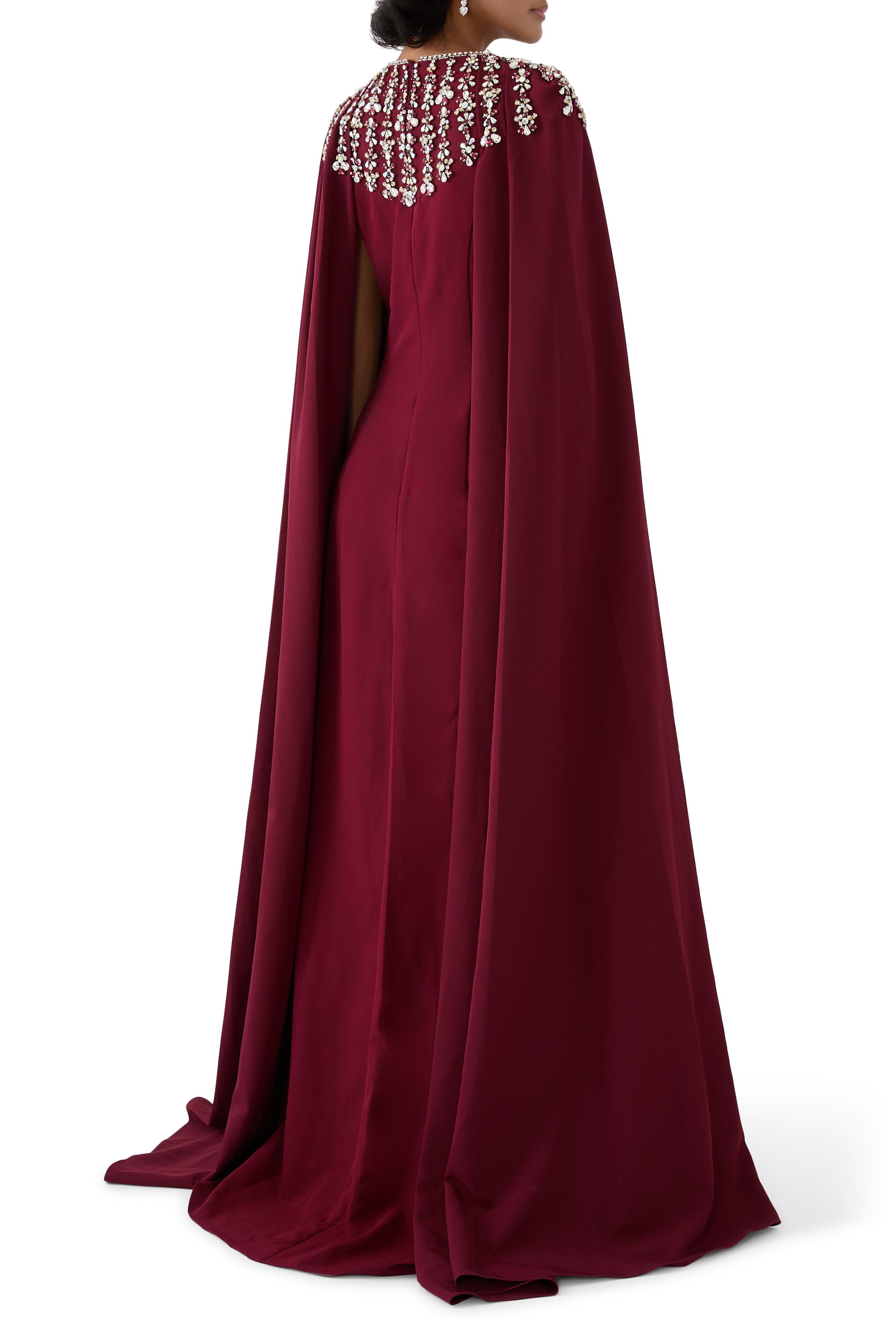 Embellished Cape-Sleeve Gown