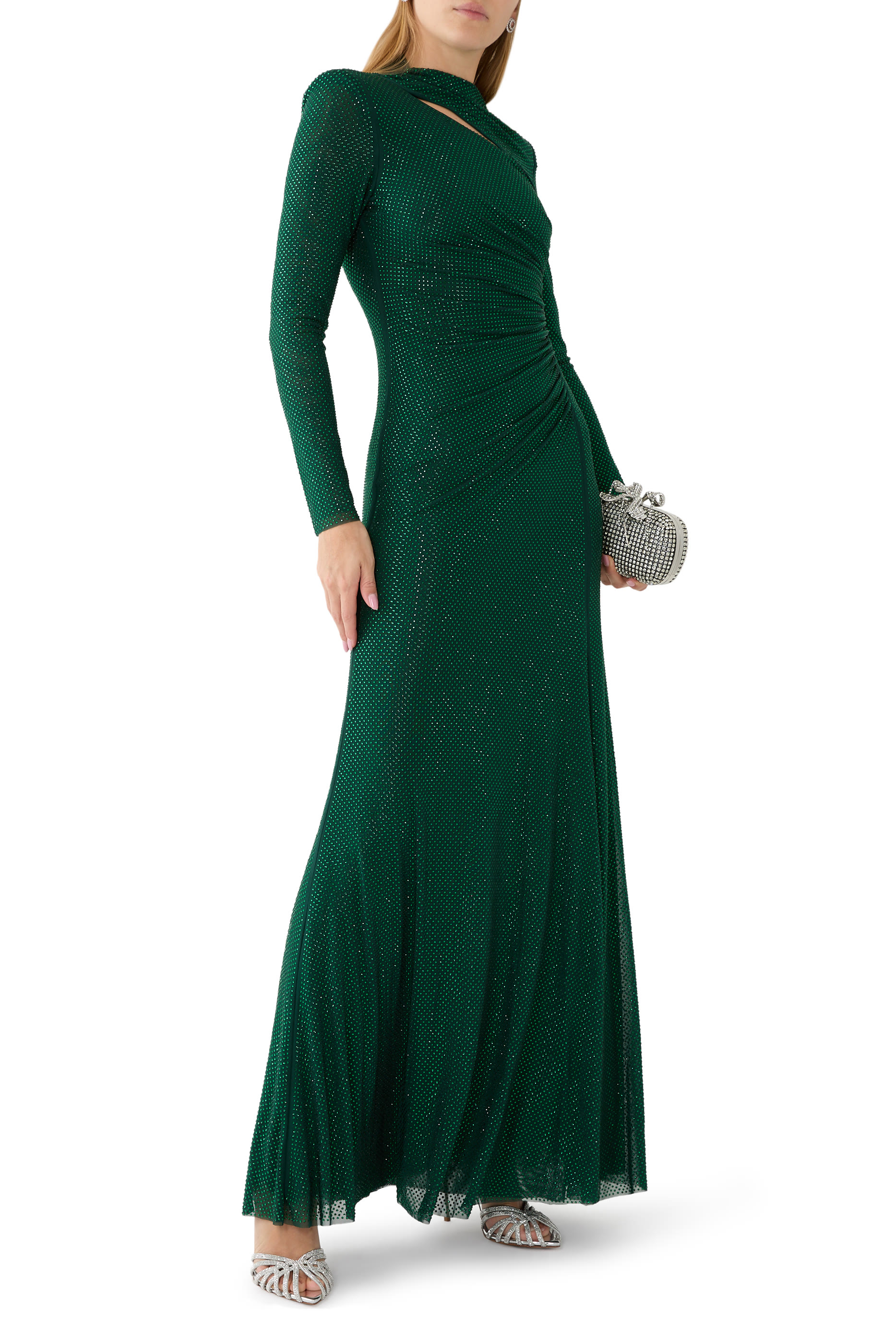 Rhinestone Mesh Cut Out Maxi Dress