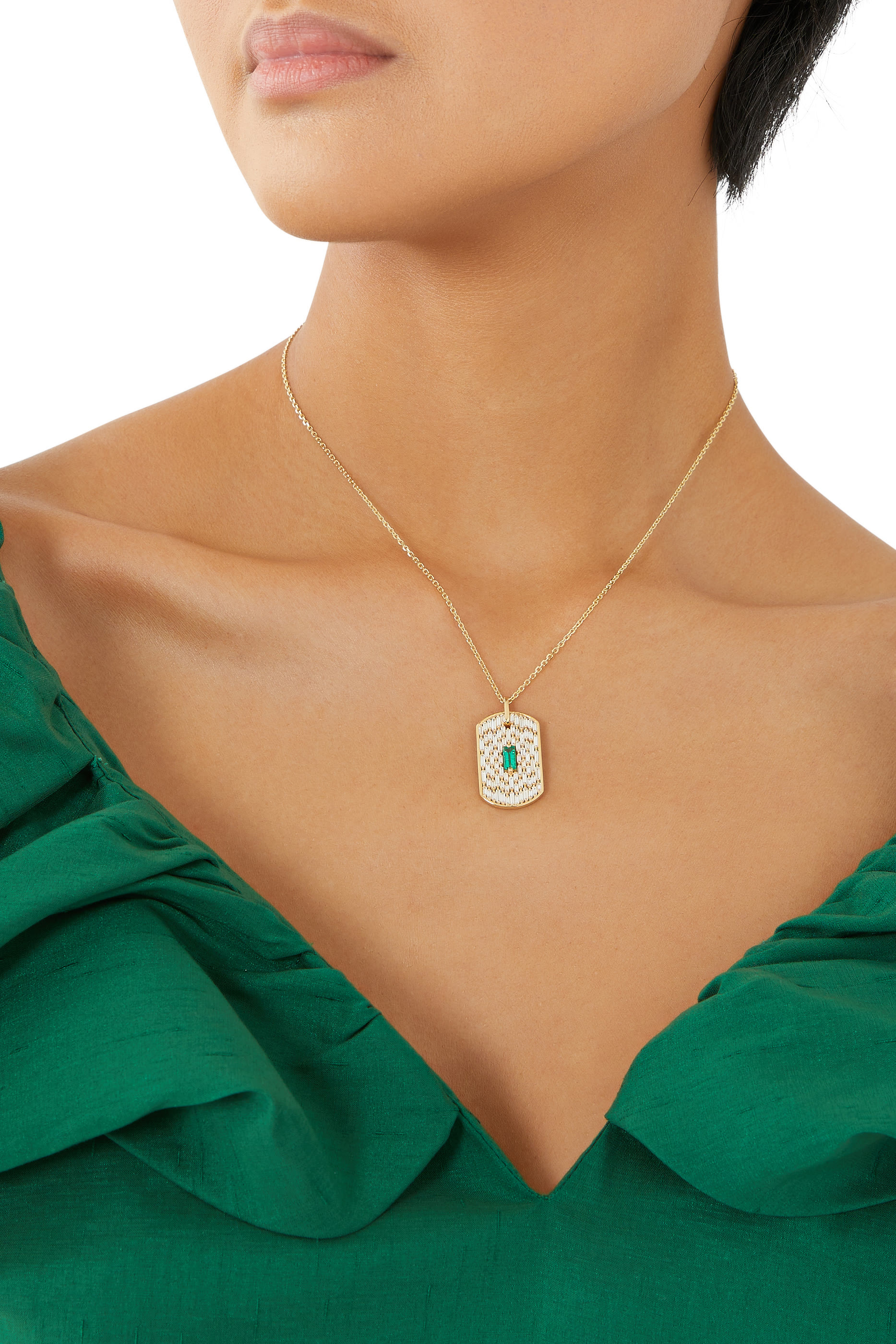 Dog Tag Chain Necklace, 18K Yellow Gold with Emerald & Diamond