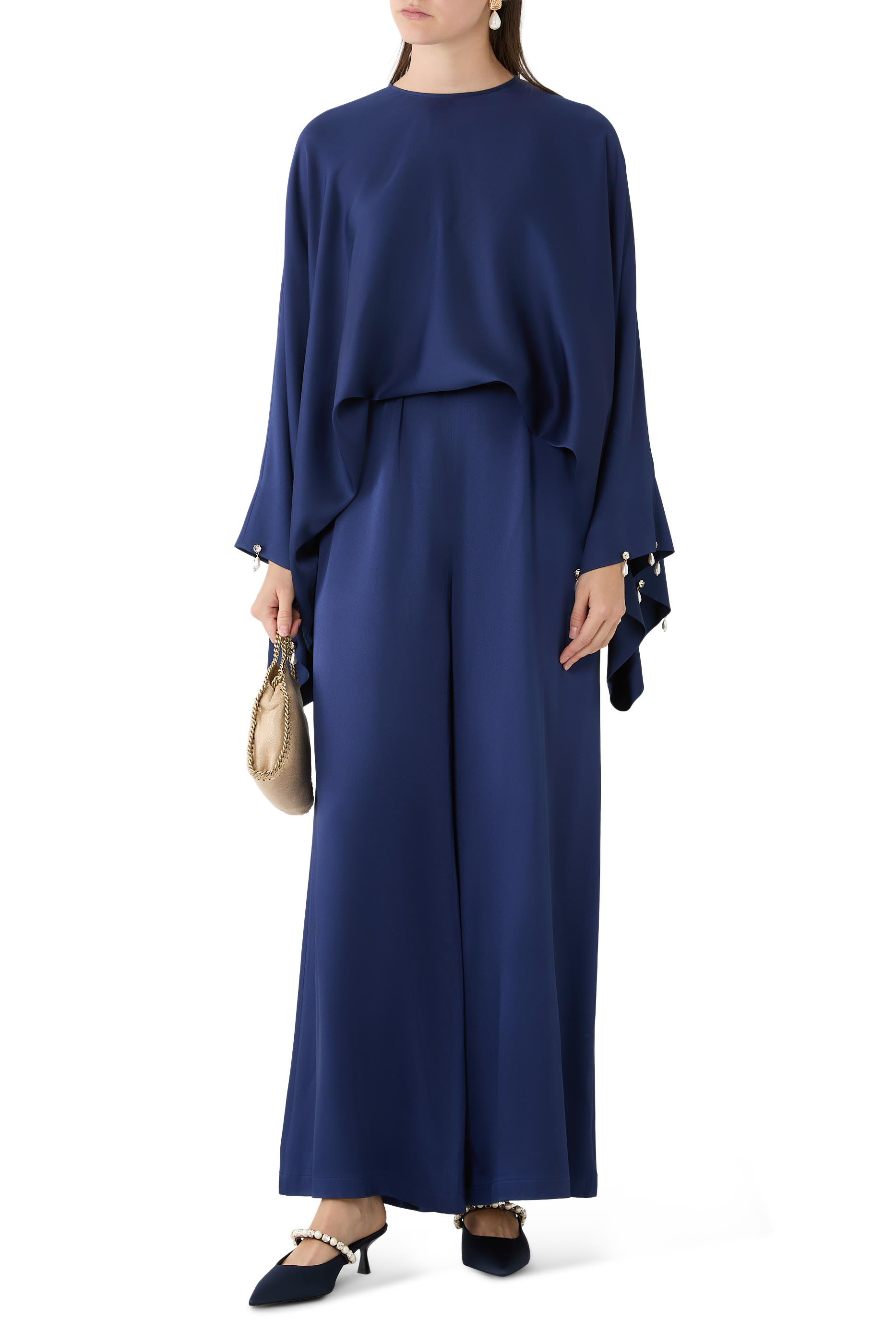 Faux Pearl-Embellished Satin Blouse