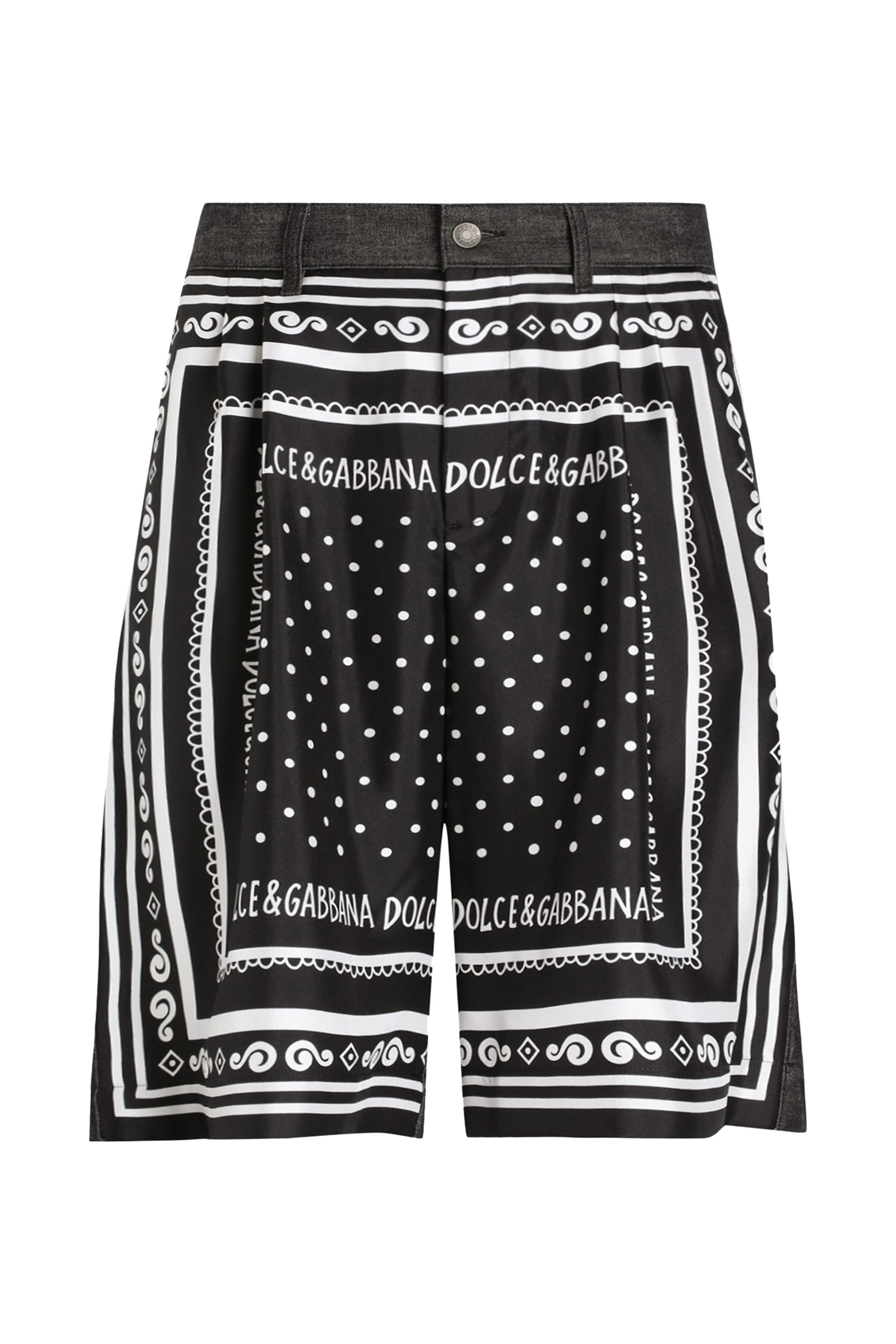 Printed Silk and Denim Shorts