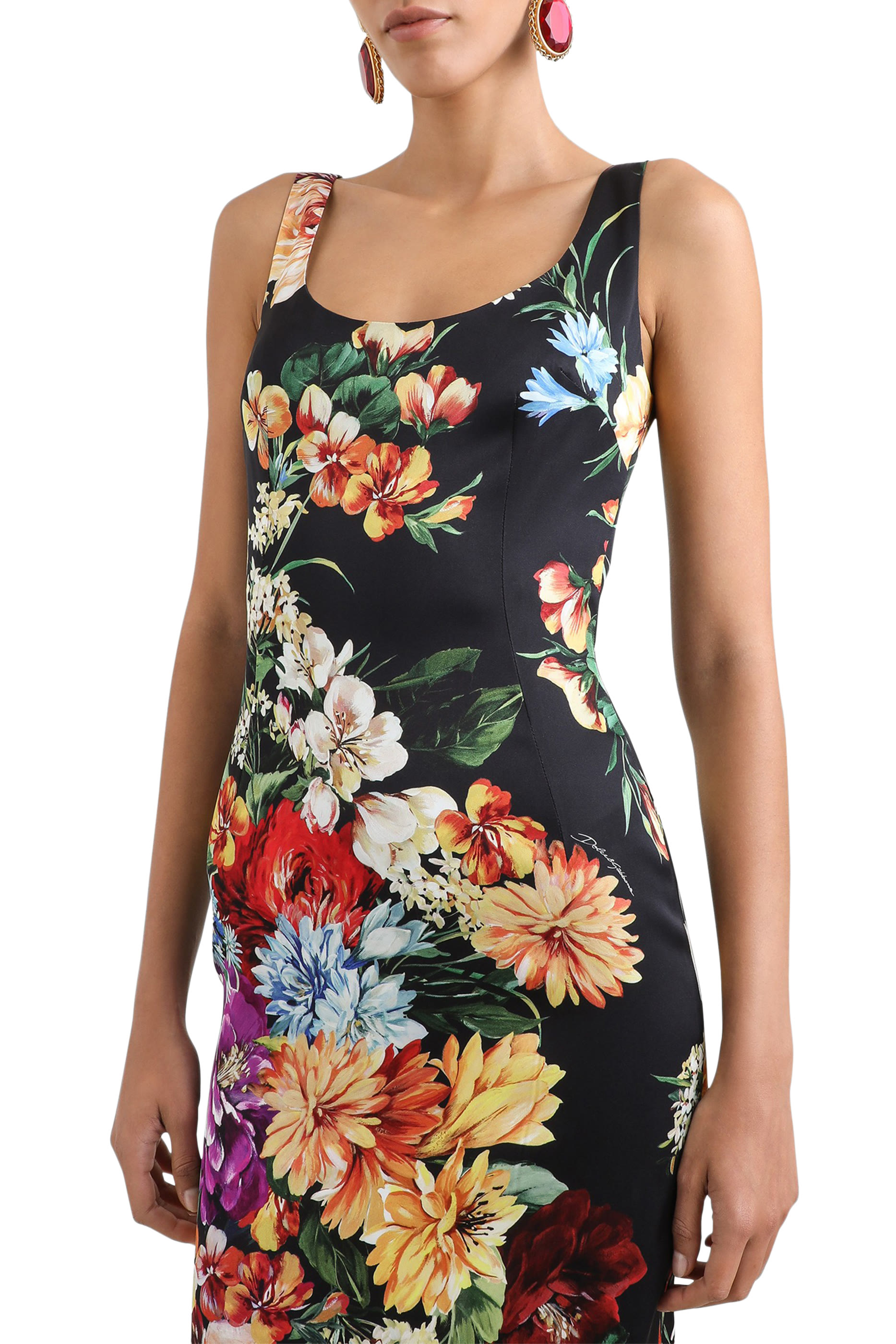 Floral-Print Fitted Satin Dress