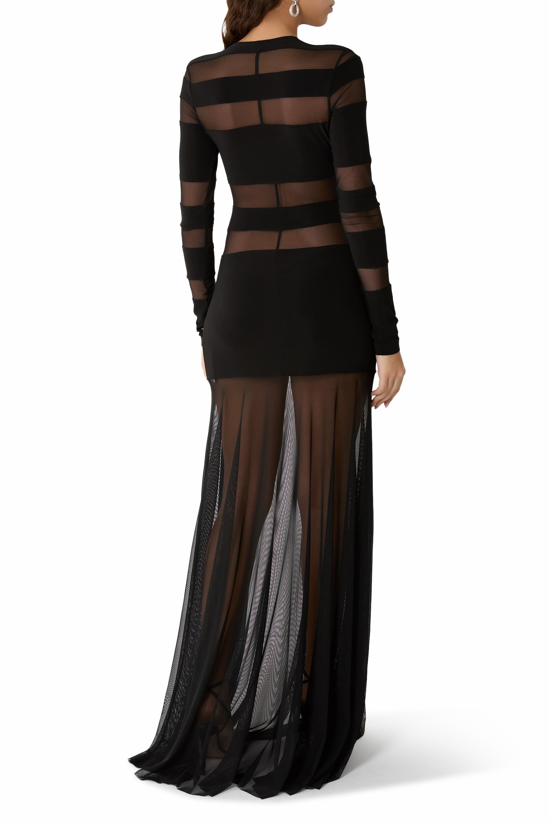  Spliced Long Sleeve Flared Gown with Mesh Skirt