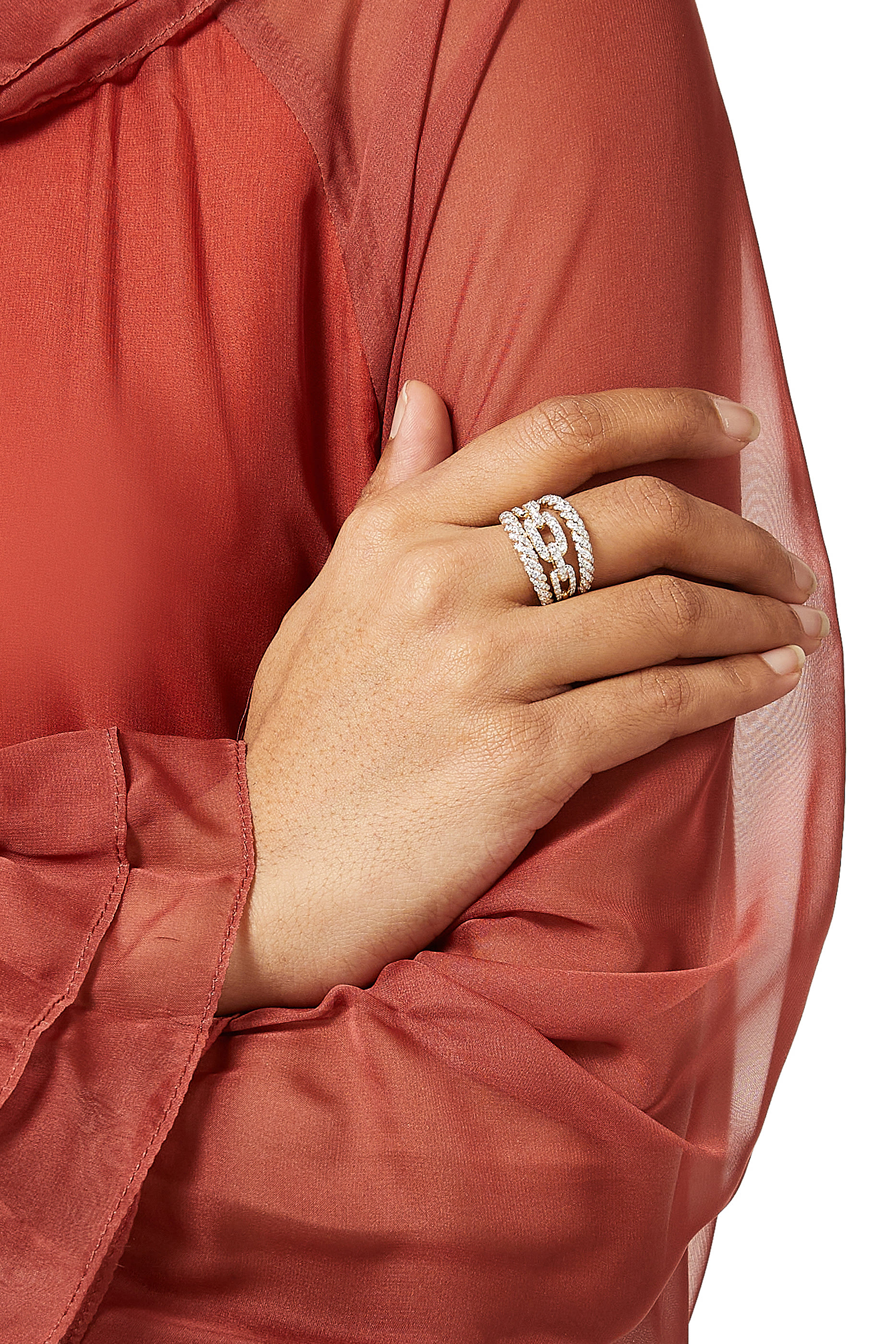 Stax Three Row Chain Link Ring, 18k White Gold & Diamonds