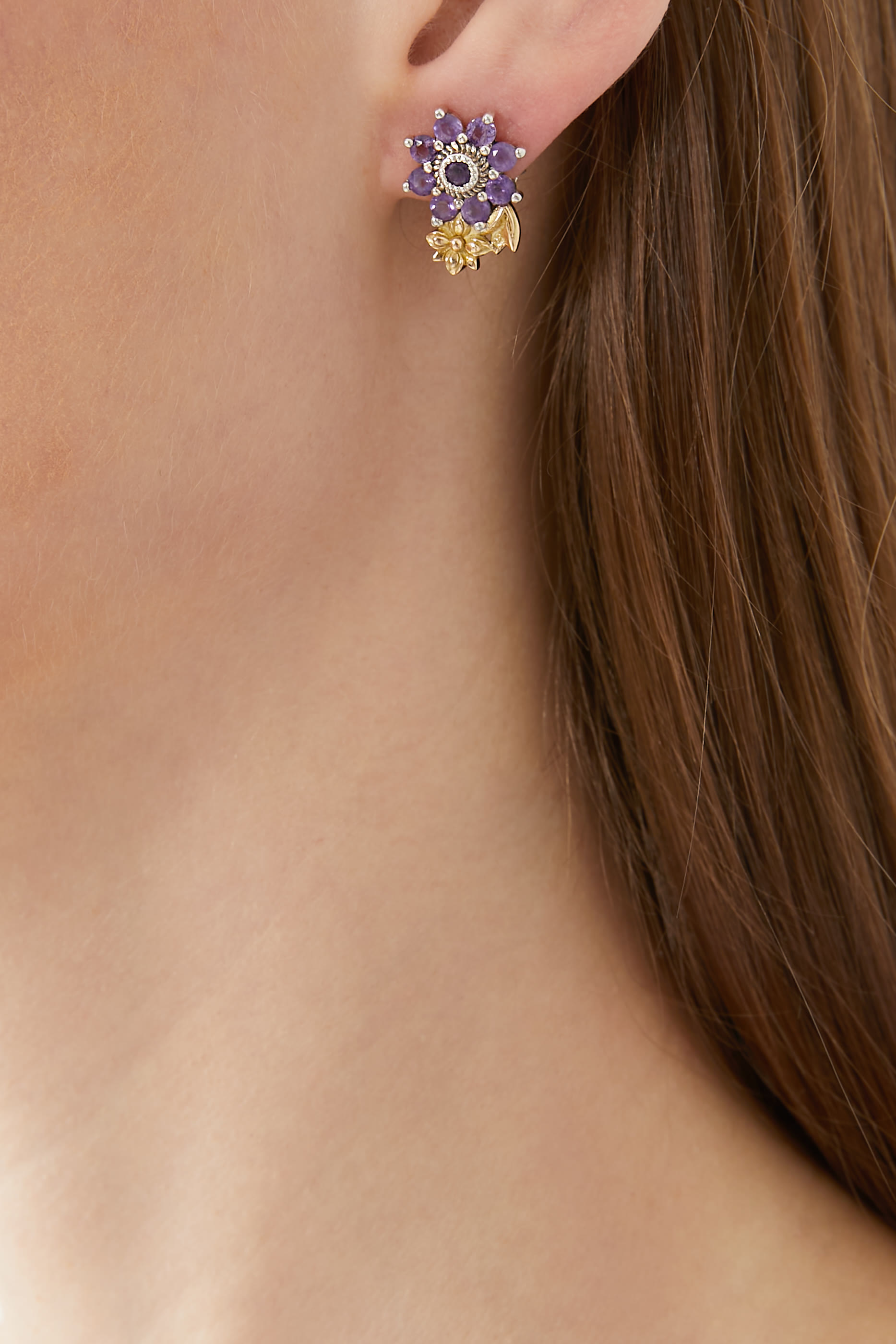 Mismatched Floral Earrings, Sterling Silver, 18K Yellow Gold & Amethyst