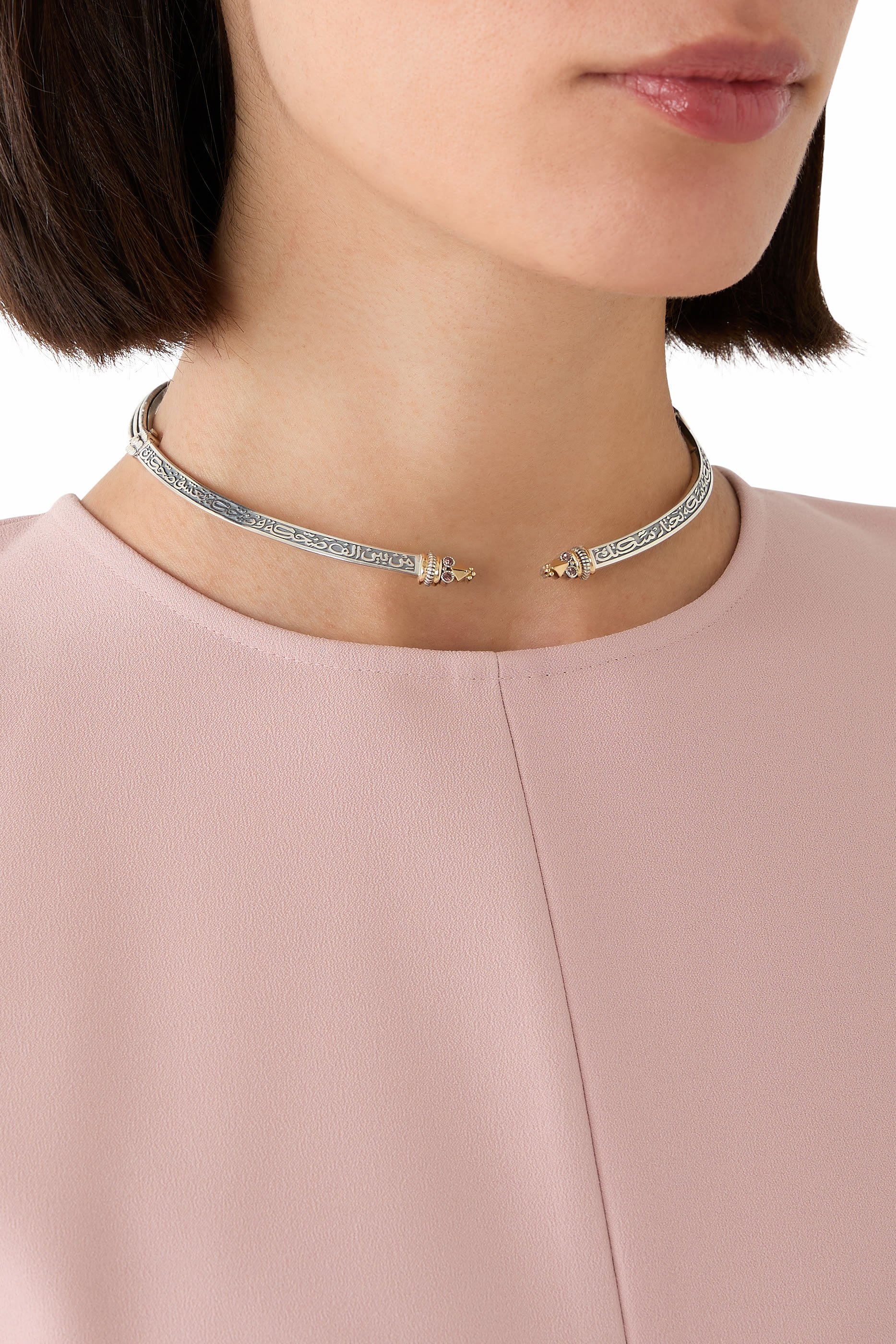 Tribal Calligraphy Choker, 18k Yellow Gold, Sterling Silver & Zircon