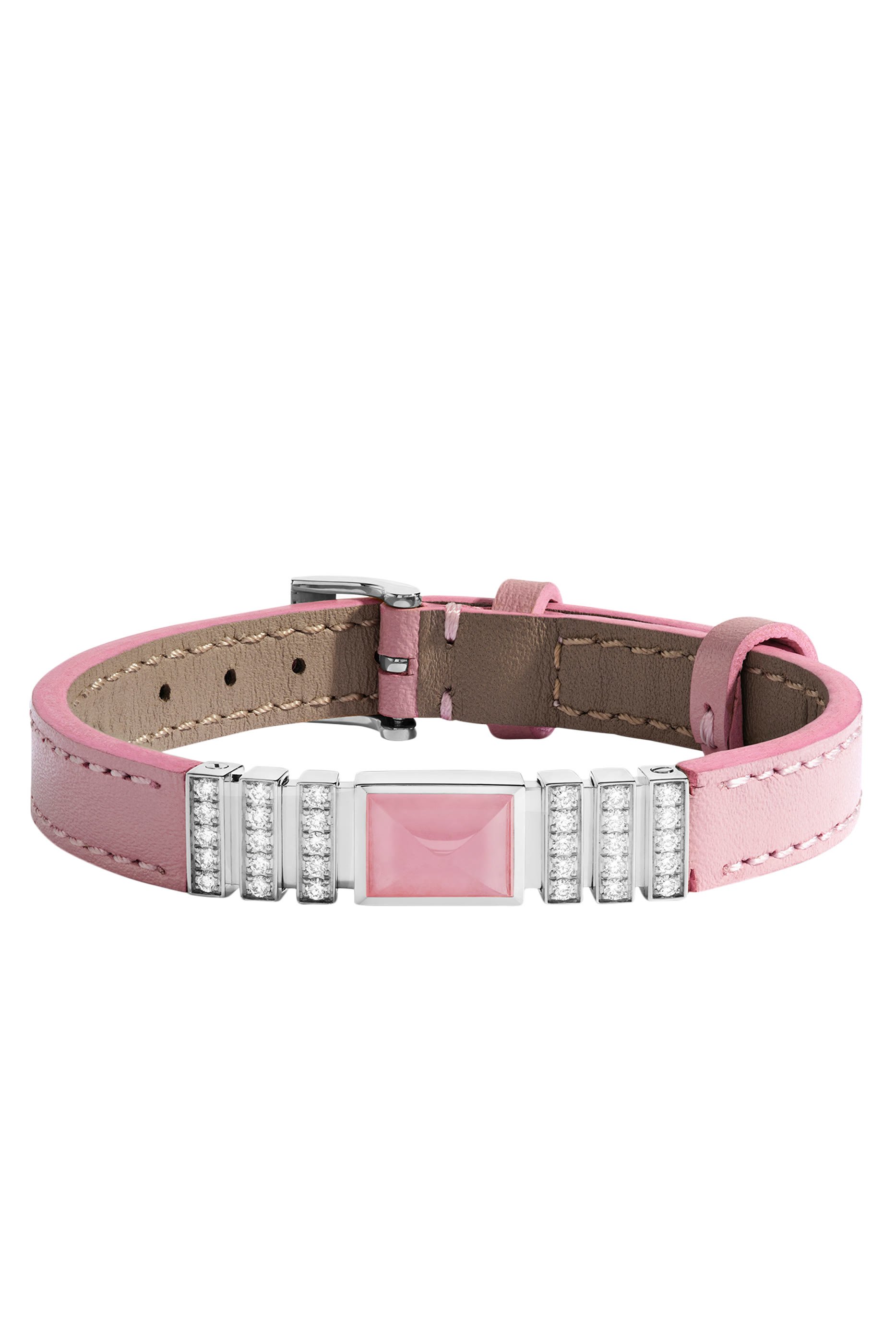 Unii Bracelet, 18k White Gold Pink Quartz & Diamond with Leather Strap