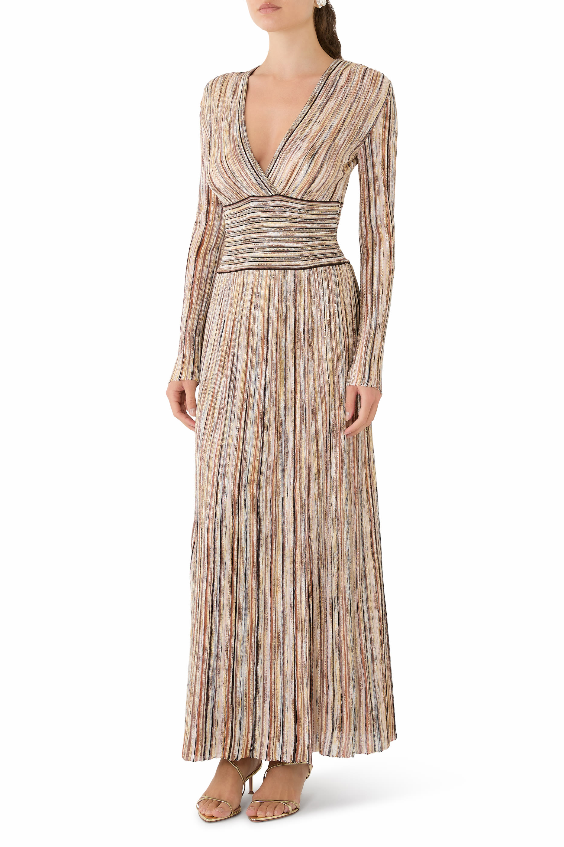Partialized Knit Lurex Belted Long Dress