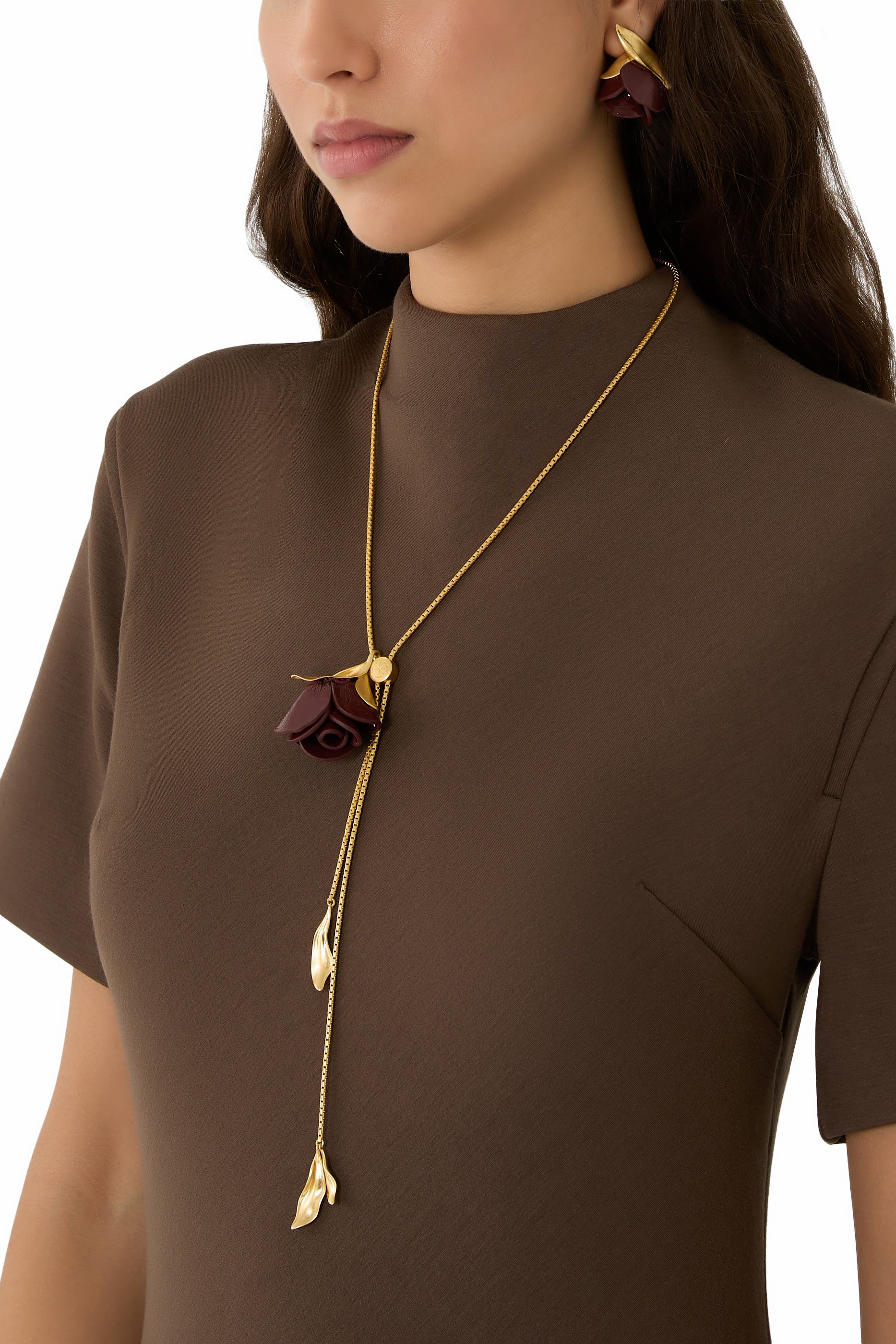 Rose Buds Drop Earrings, Cubic Zirconia & Leather