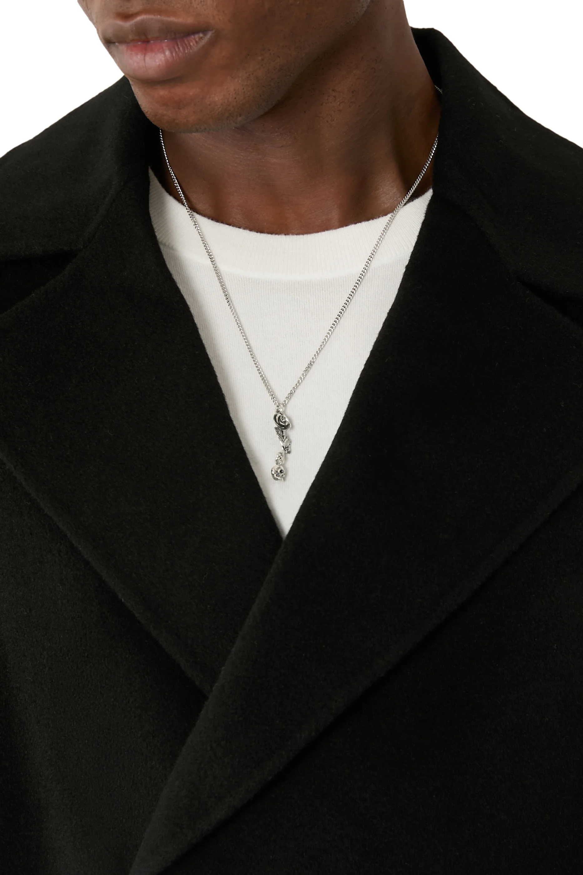 Rose and Skull Pendant Necklace, Sterling Silver