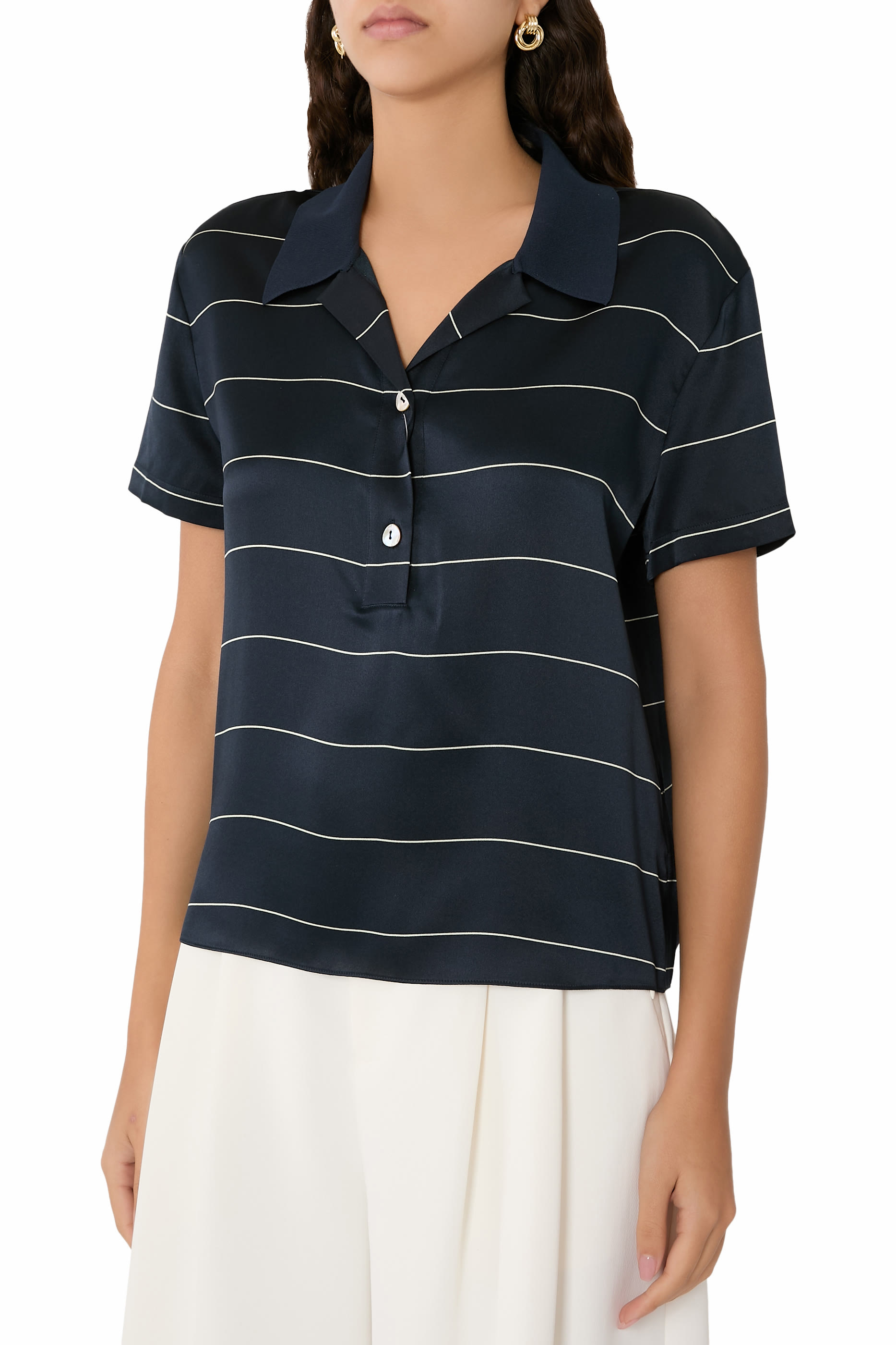 Knit-Collar Striped Silk Polo Shirt