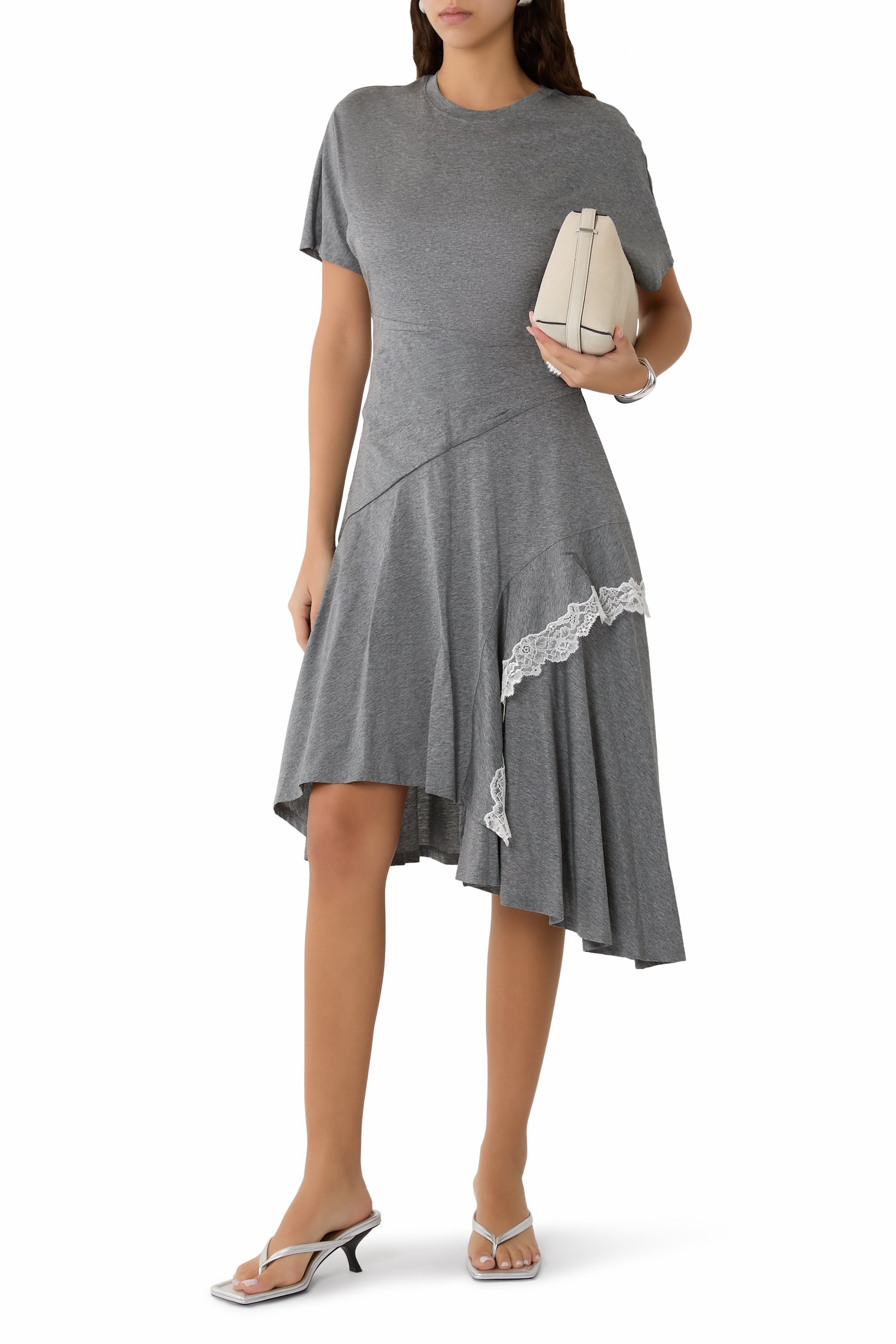 Lace Trim Short Sleeves Draped Dress