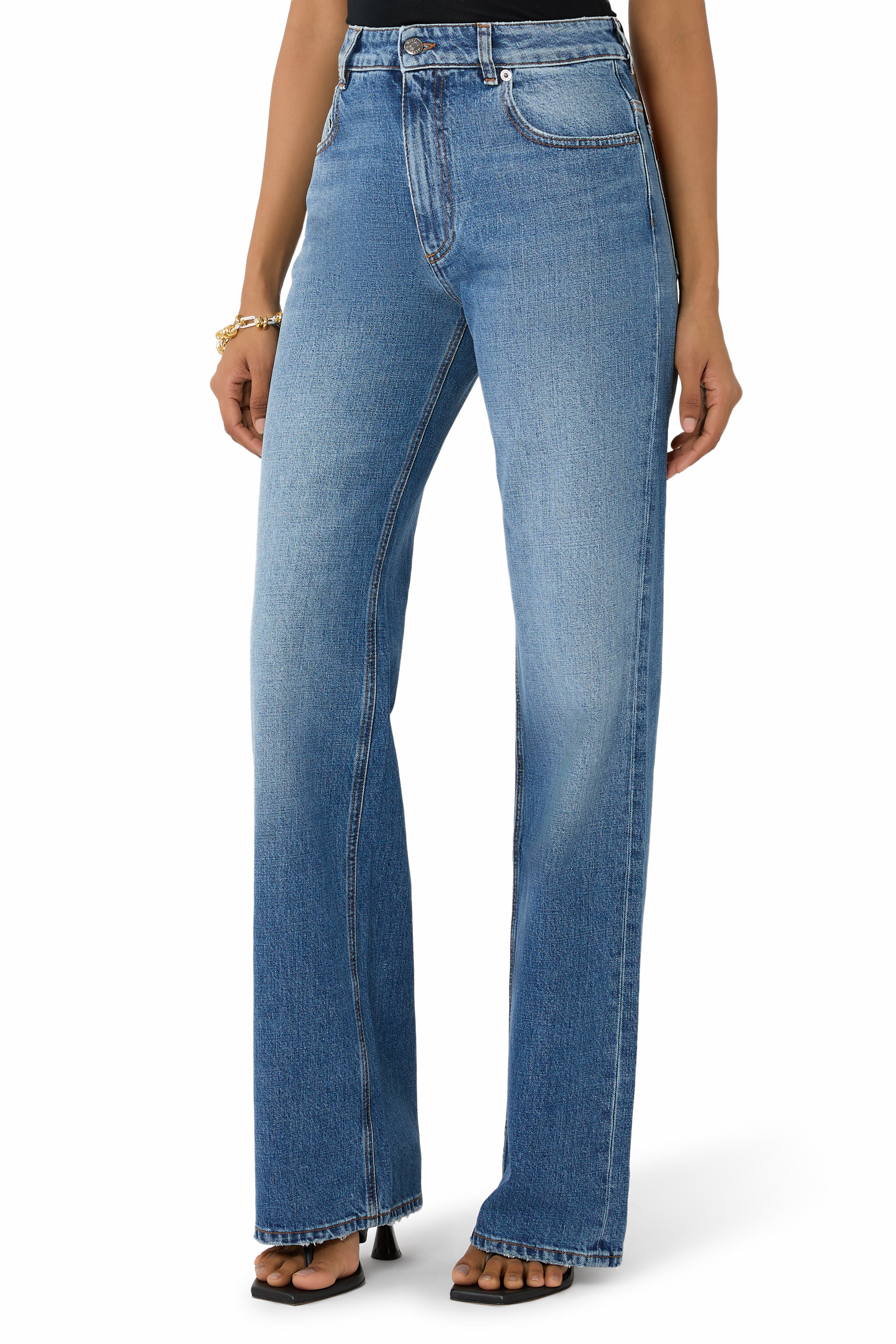 Solid Washed Denim Flared Jeans