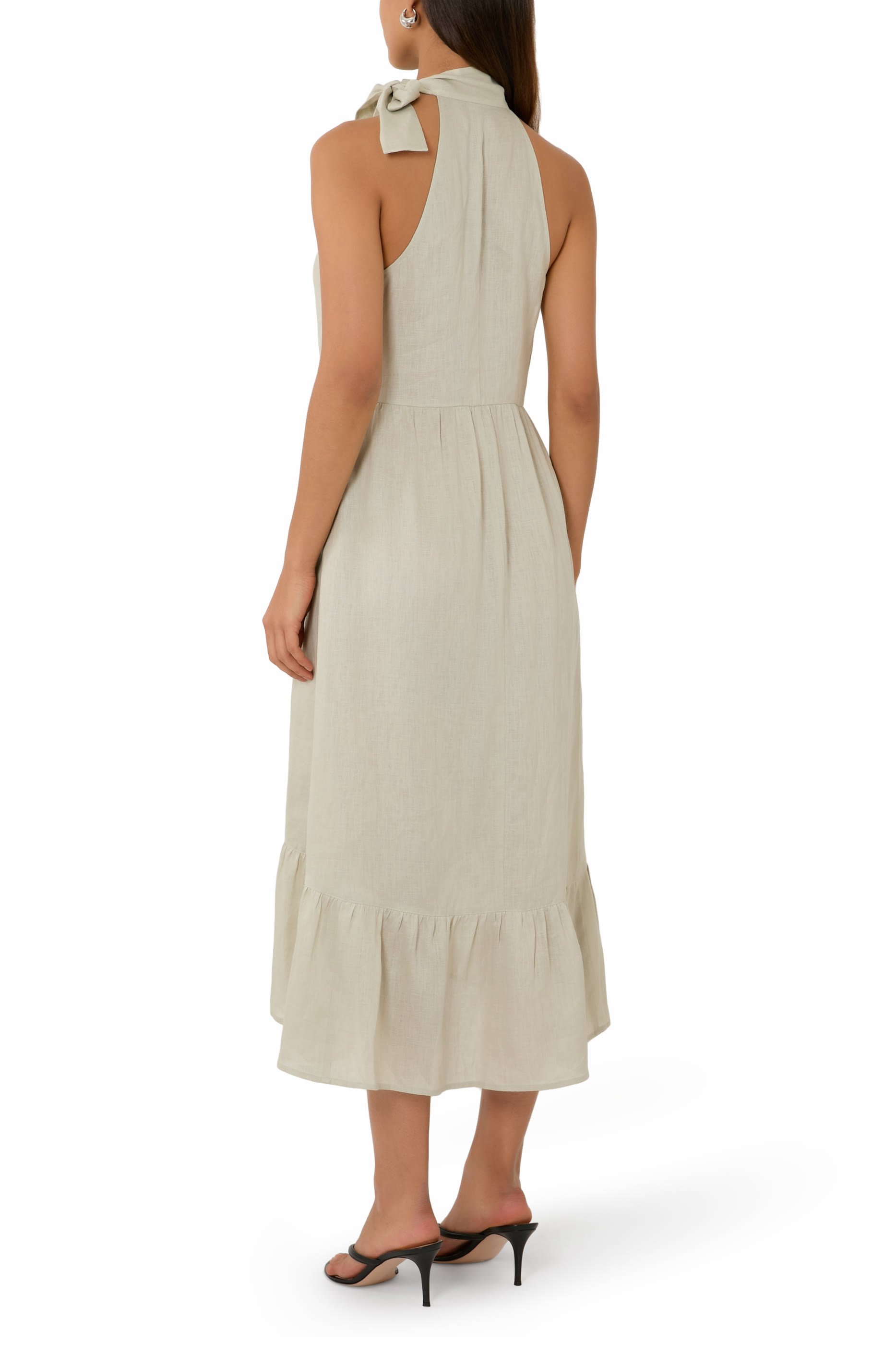 Linen Popeline Bow Neck Sleeveless Dress