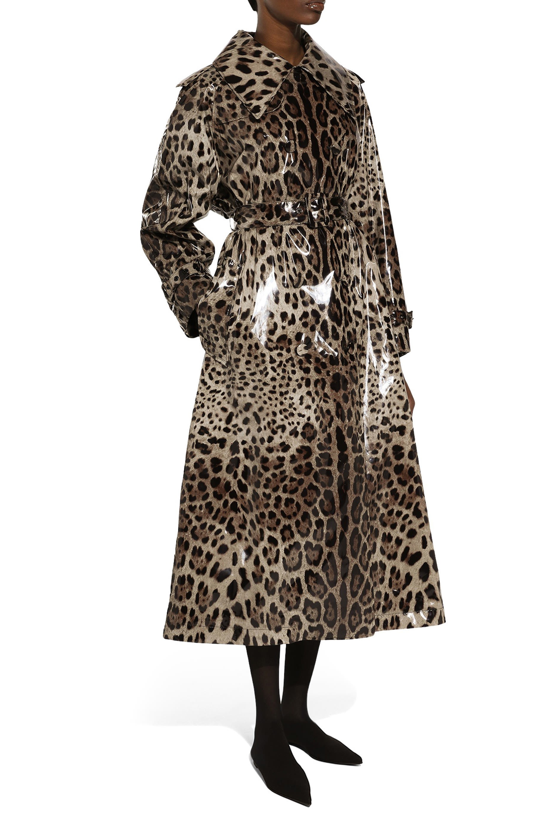 Leopard-Print Coated Satin Trench Coat