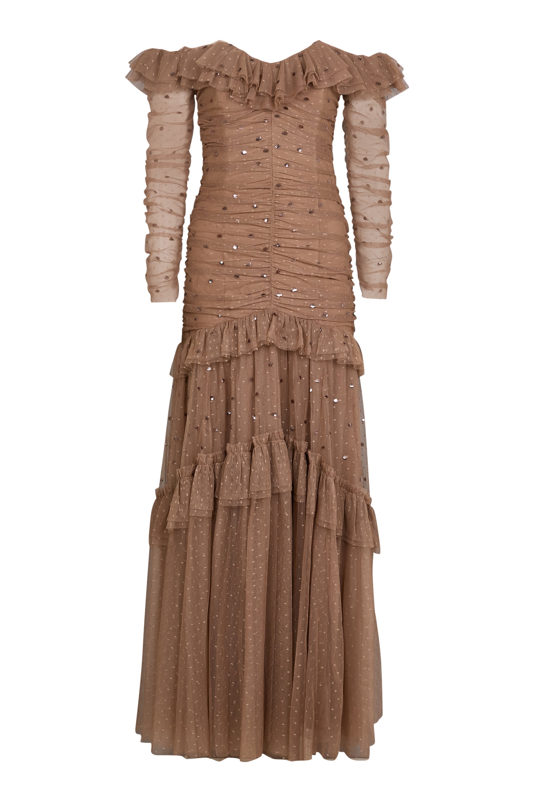 Sequin Glimmer Rouched Off-Shoulder Gown