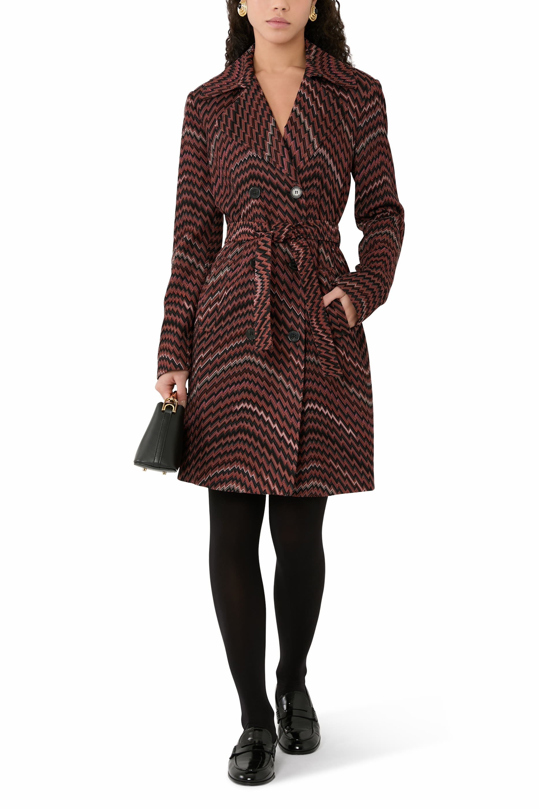 Wavy Zigzag Pattern Double-Breasted Trench Coat
