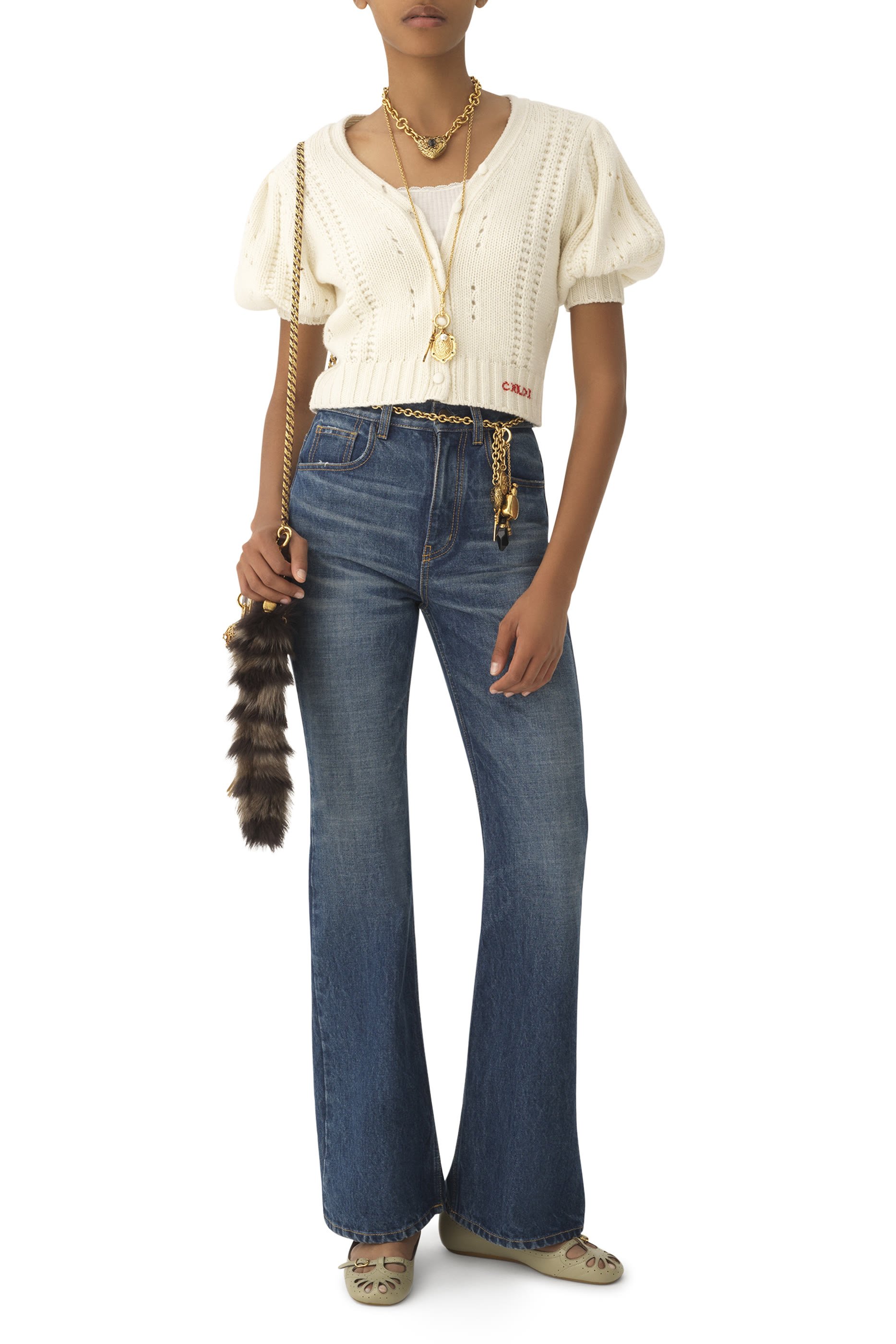 Puff-Sleeve Cardigan in Wool & Cashmere Knit 