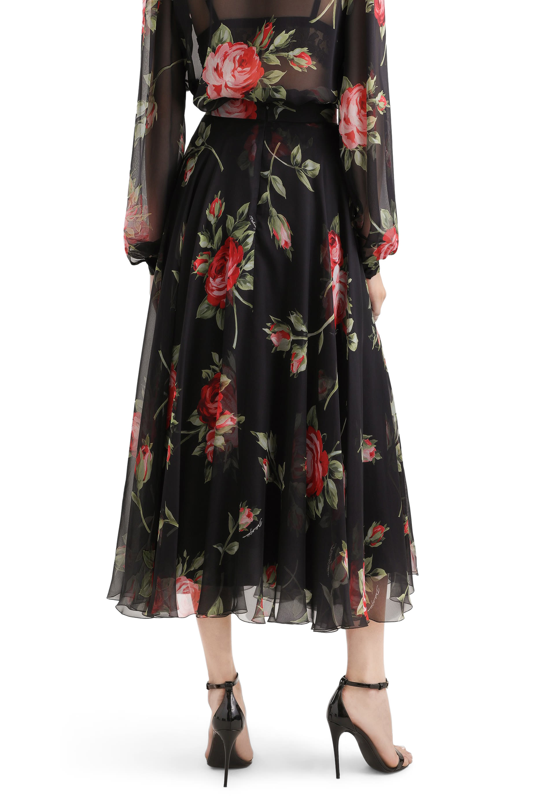 Rose Bouquet-Print Chiffon Circle Skirt