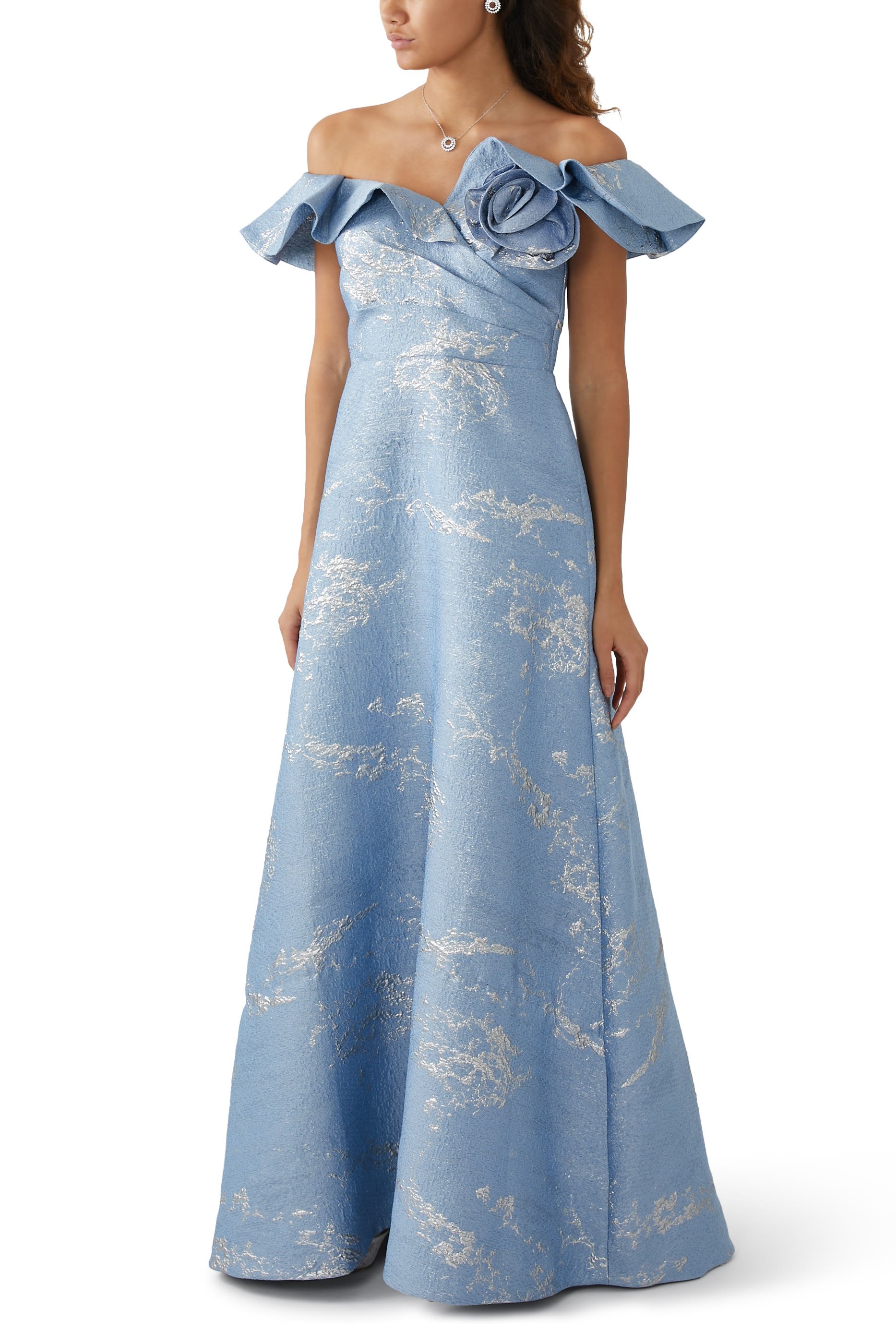 Off Shoulder Jacquard Ruffle Gown with Flower Applique