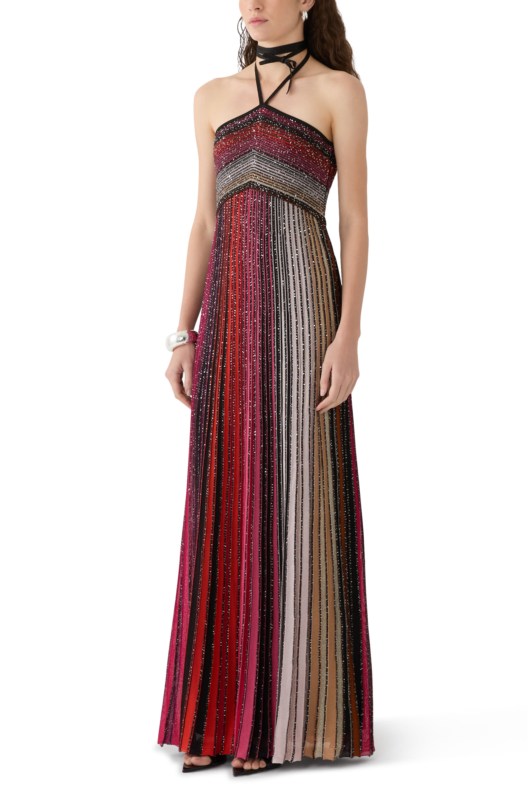 Long Striped Dress with Sequins and Neck Fastening
