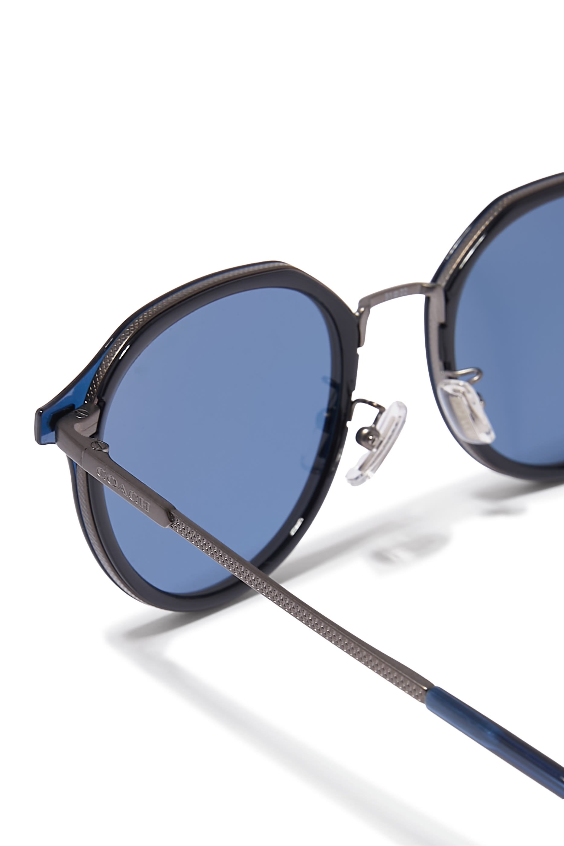 Round-Frame Metal Cross Hatch Temple Sunglasses