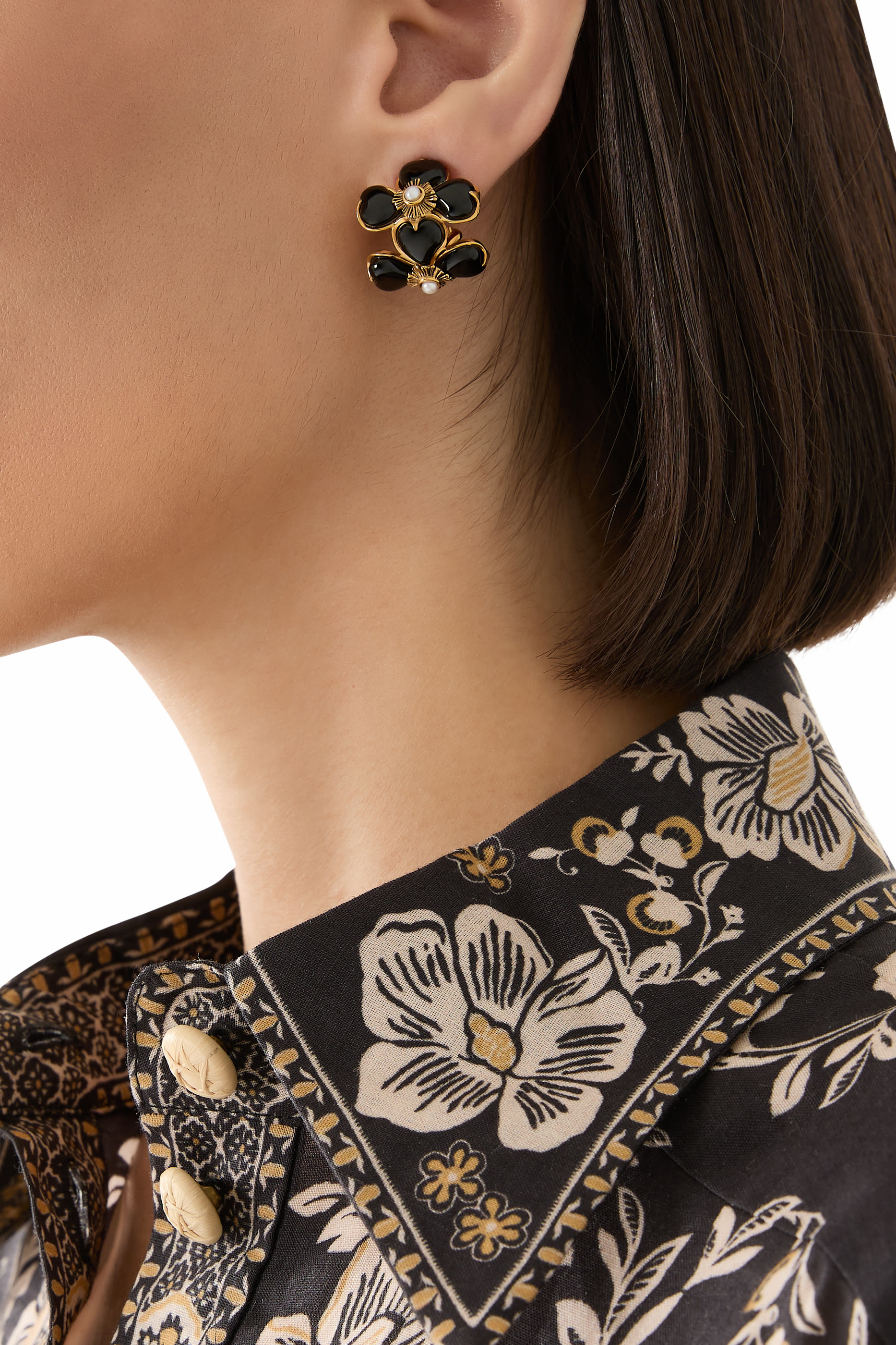 Trefle Clip Earrings, 24kGold Plated Brass with Agate & Pearls