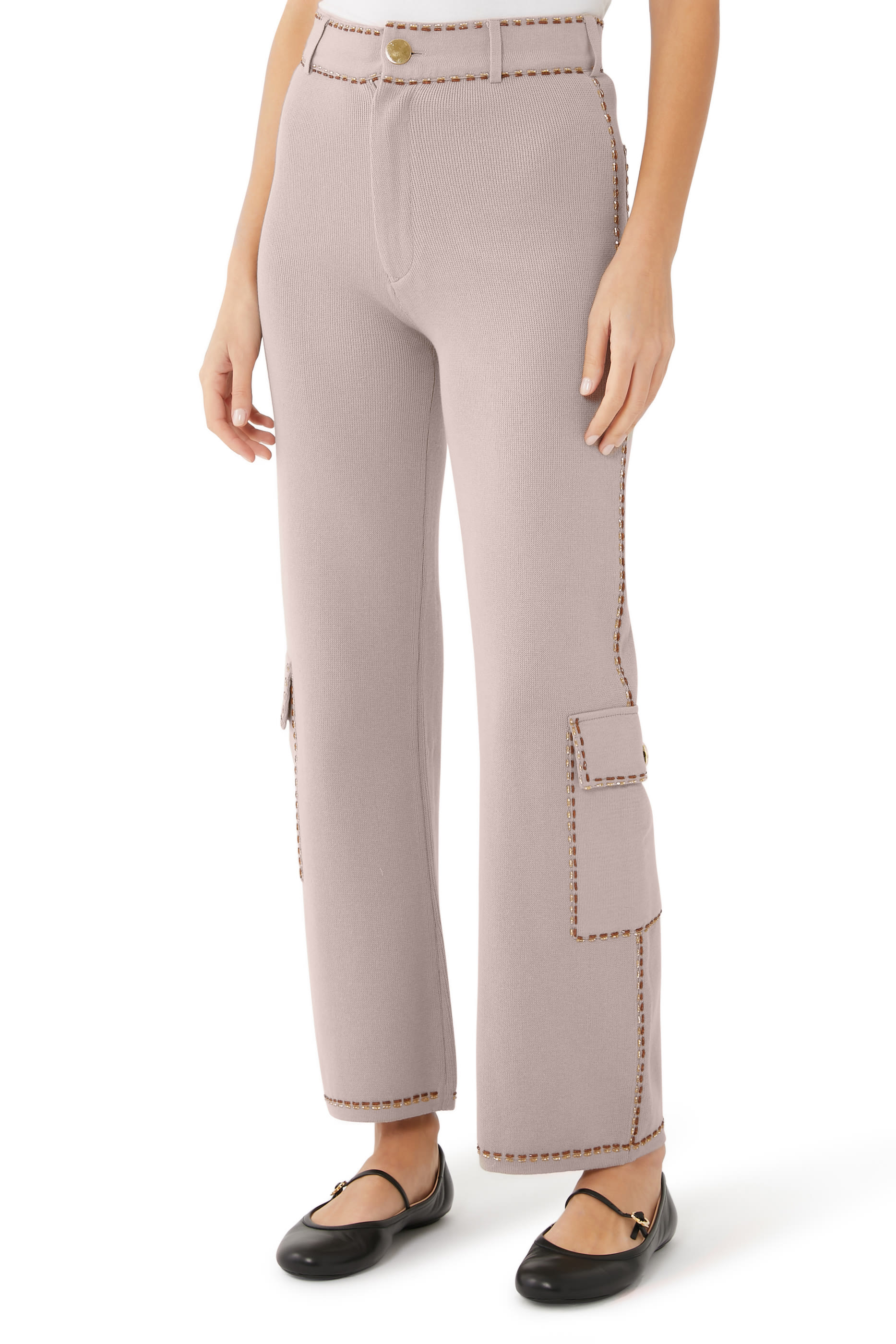 Straight Leg Flap Pocket Bead Trim Pants