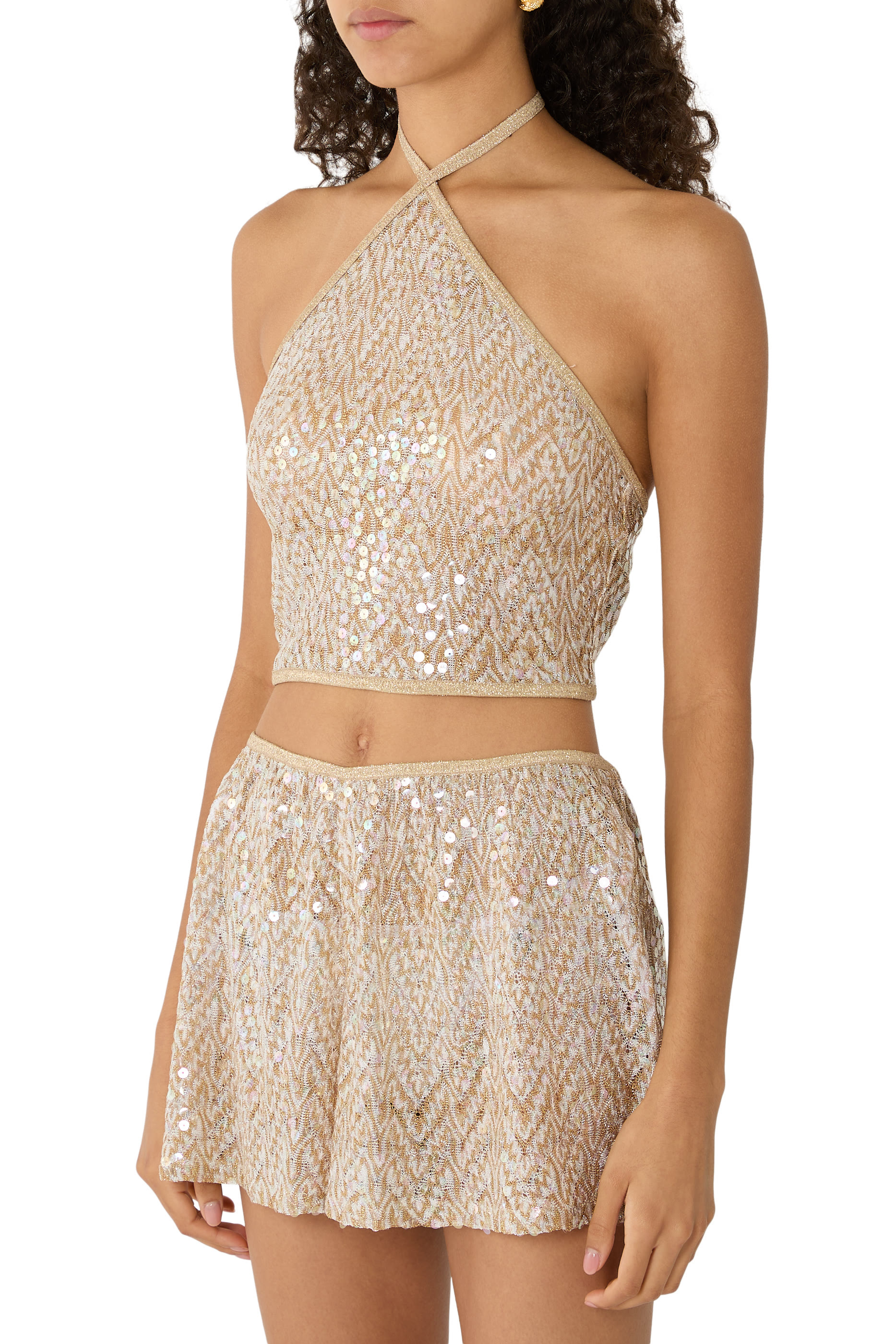 Zigzag Sequinned Halter Neck Crop Top
