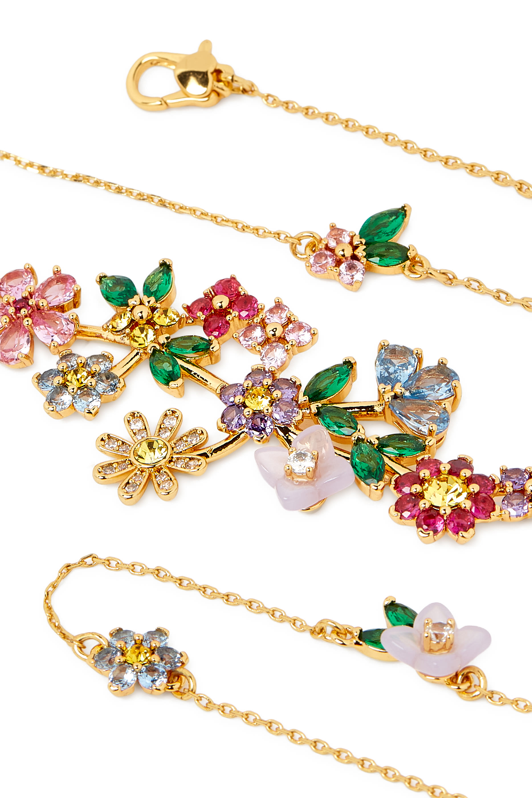 Bursting Blooms Necklace, Brass & Cubic Zirconia, Czech Glass Stone, Resin