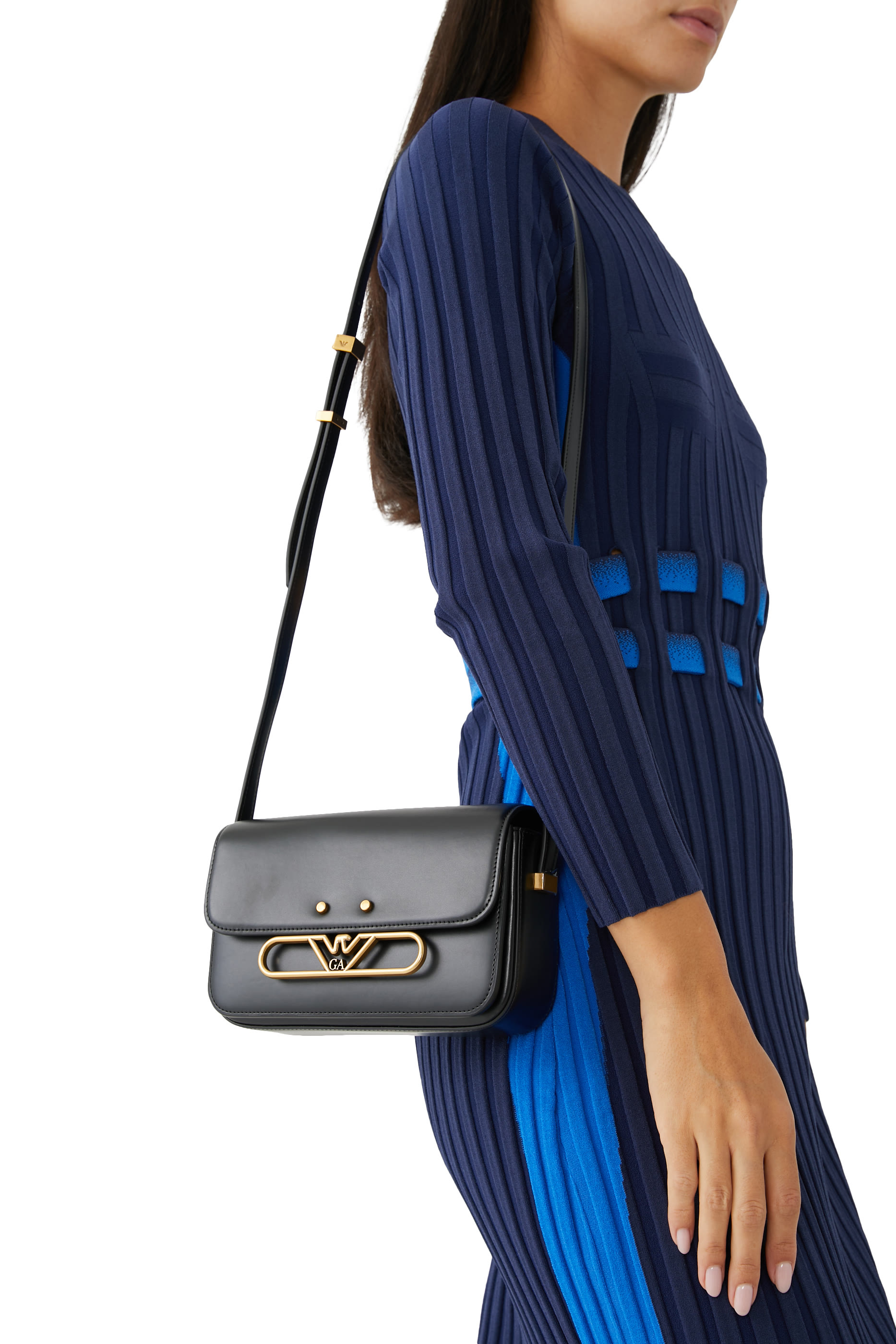 Metal Eagle Logo Smooth Leather Shoulder Bag