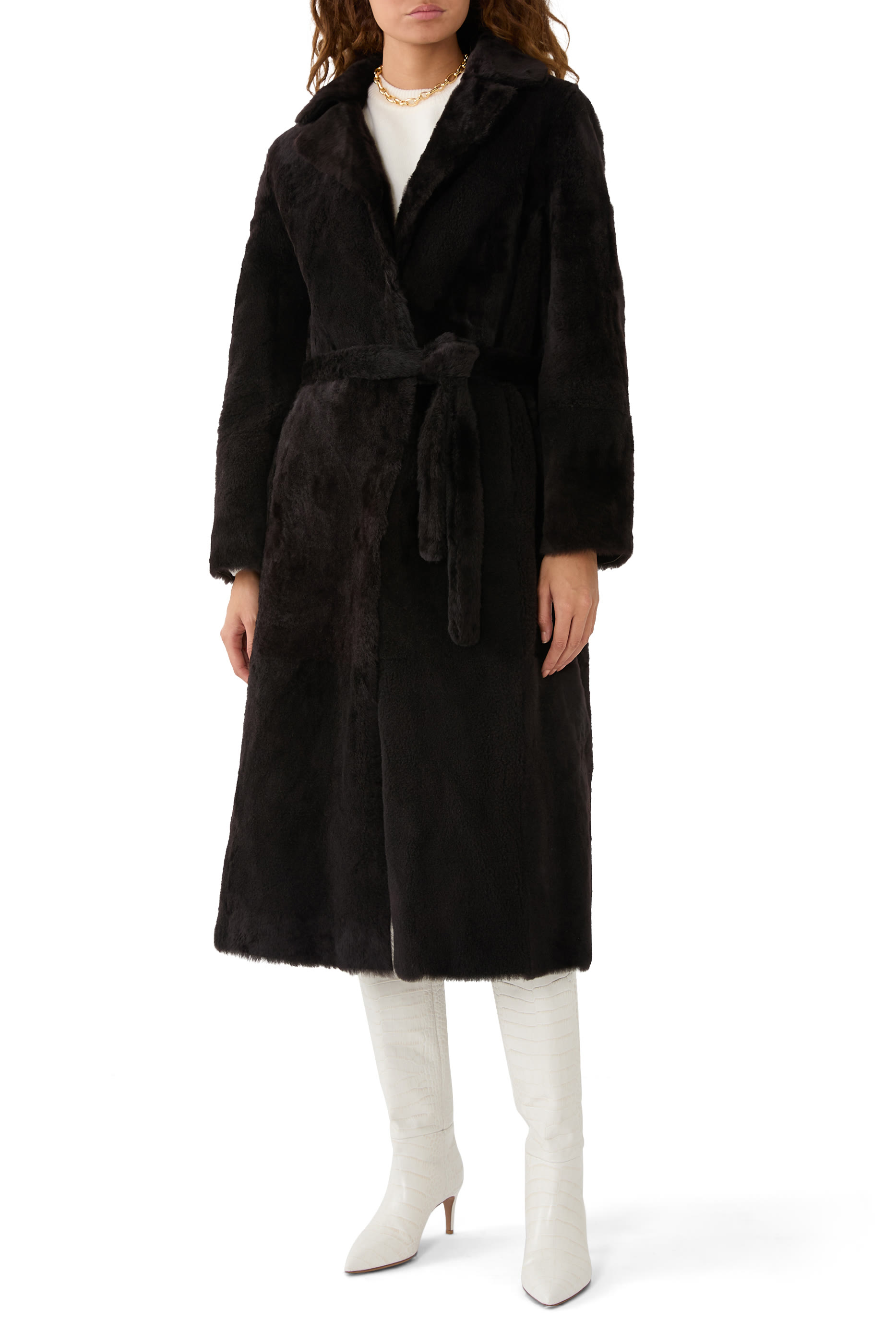 Long Reversible Belted Shearling Coat