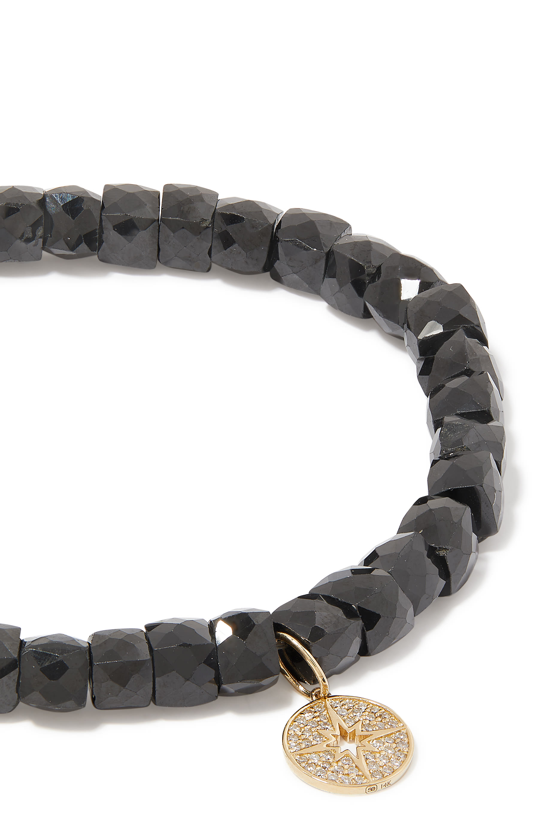 Mini Pave Starburst Medallion on Bead Bracelet, 14K Yellow Gold & Beads