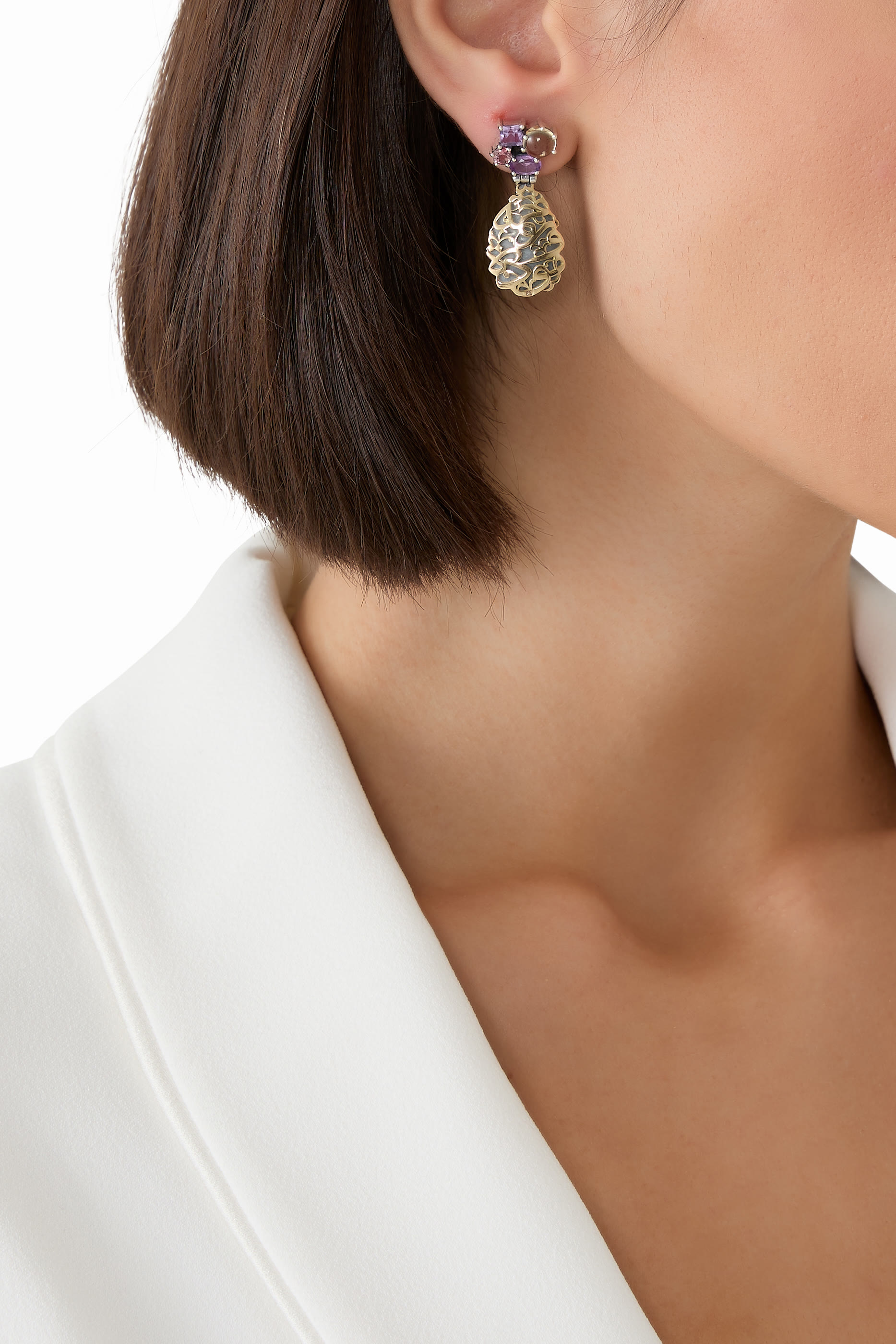 El Nur Drop Earrings, 18k Yellow Gold, Sterling Silver & Citrine, Amethyst