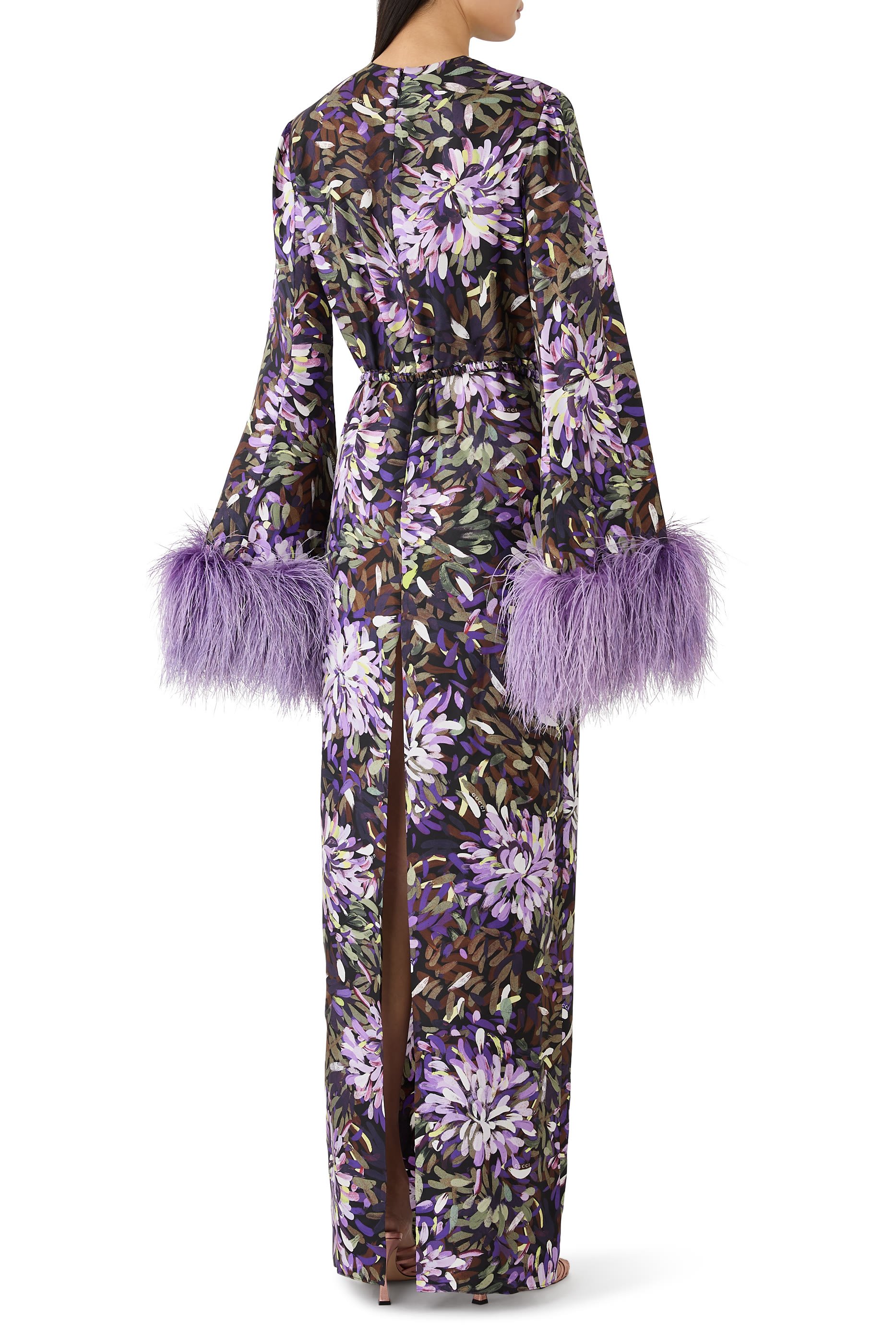 Printed Dress with Feather Cuffs