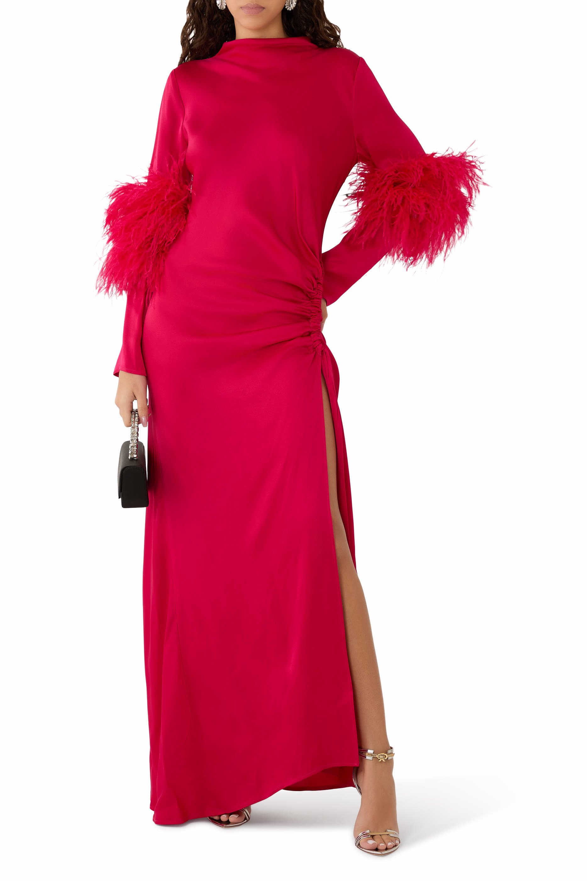  Satin Tab Gown with Feathers