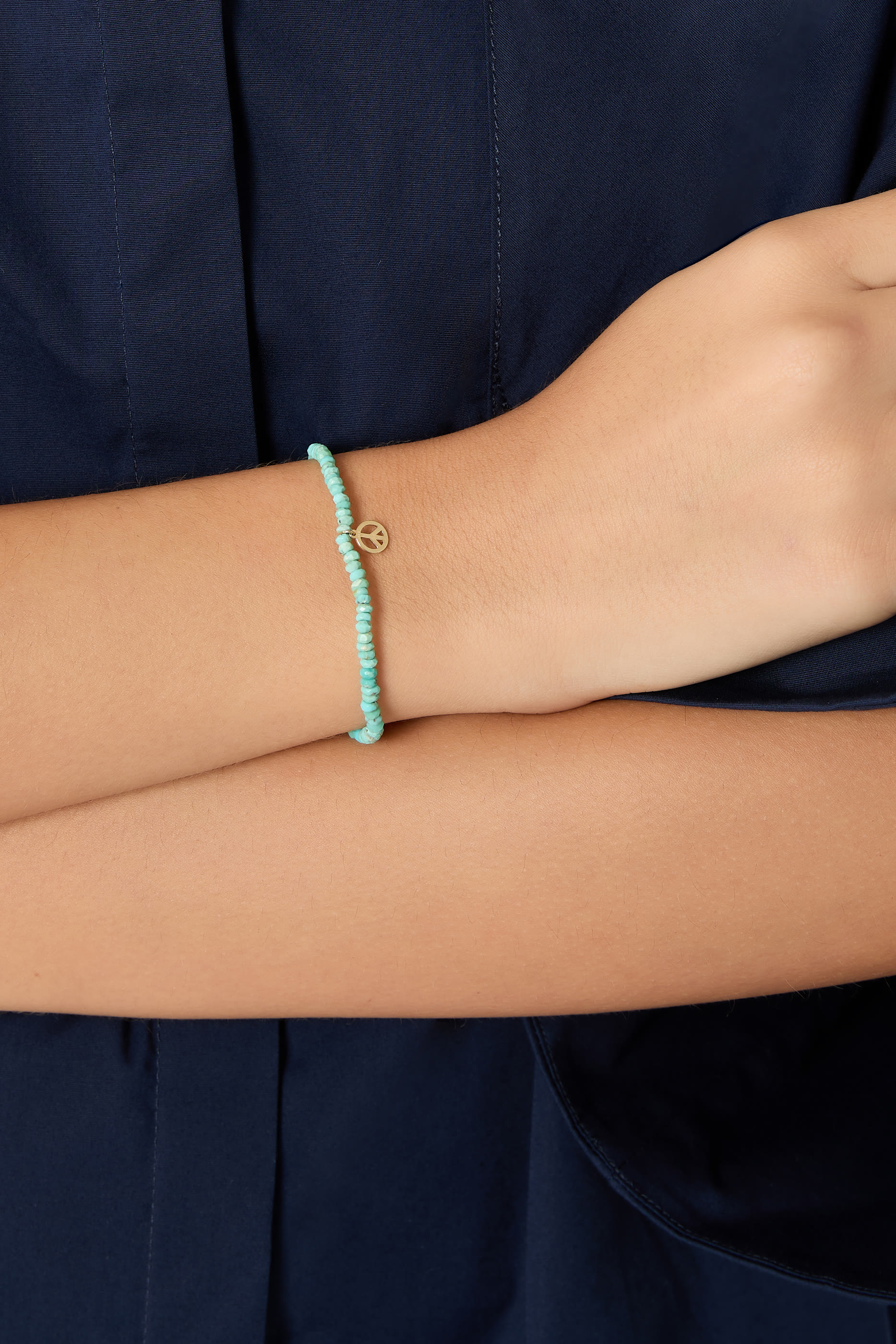 Tiny Peace Sign Charm Beaded Bracelet, 14k Yellow Gold & Turquoise, Diamonds