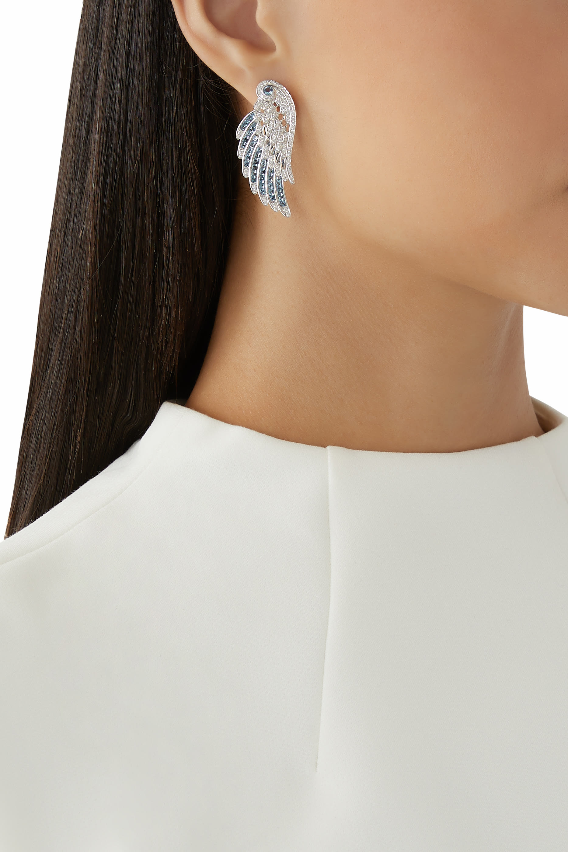 Wings Embrace Drop Earrings, 18K White Gold with Aquamarines & Diamonds