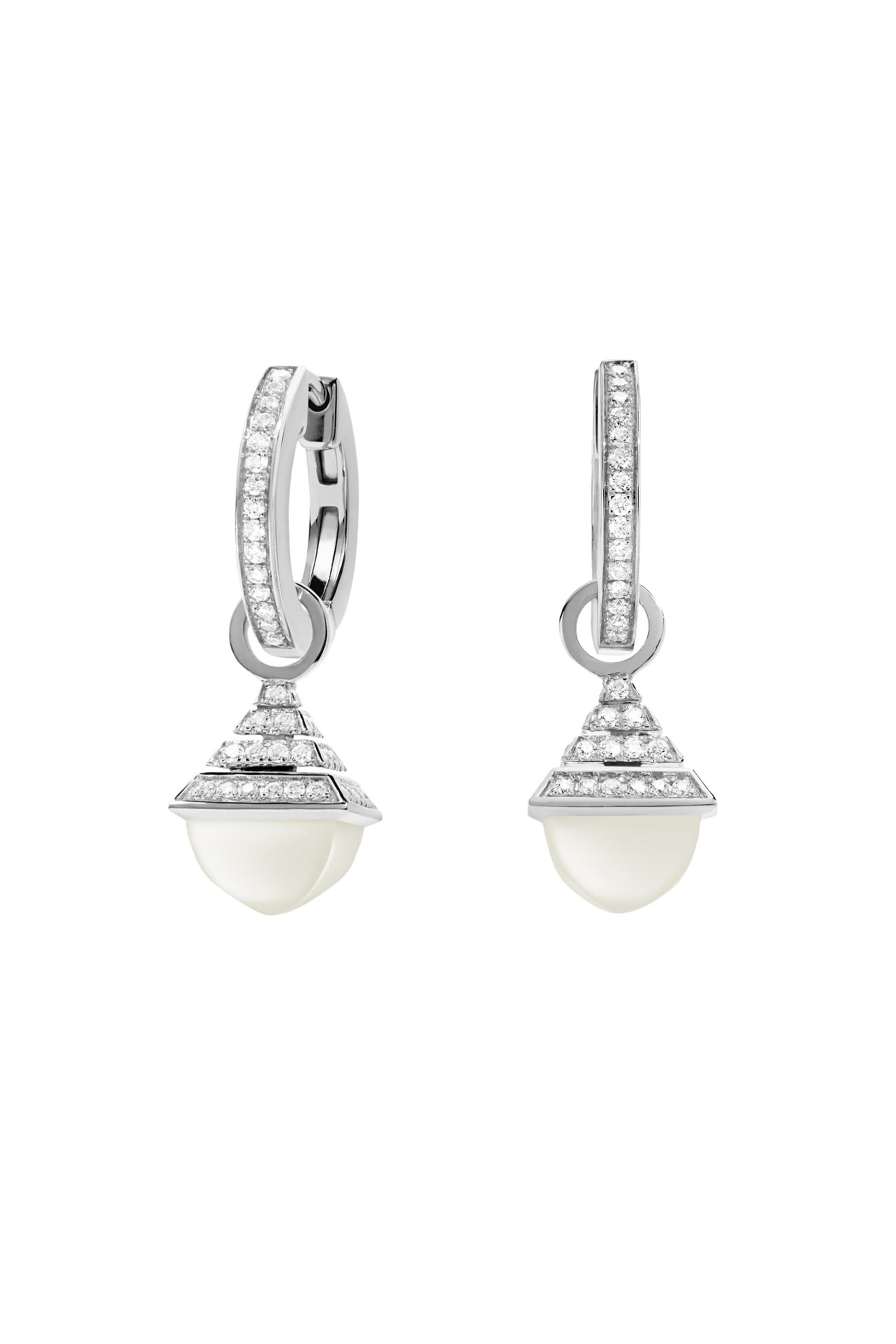 Cleo Rev Mini Drop Earrings, 18K White Gold with Diamonds & White Moon Stone