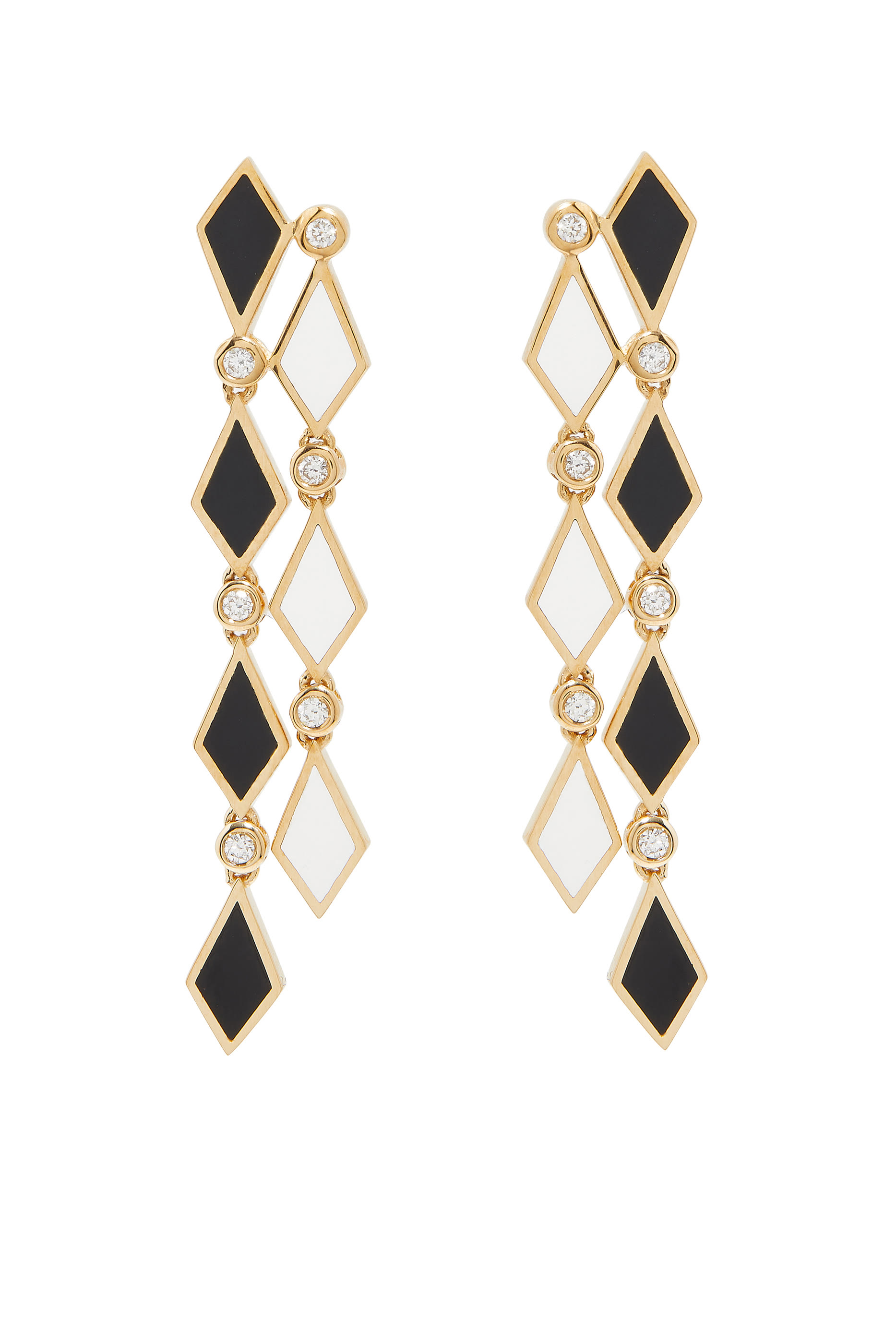 Mosaic Drop Long Earrings, 18K Yellow Gold, Diamonds and Enamel