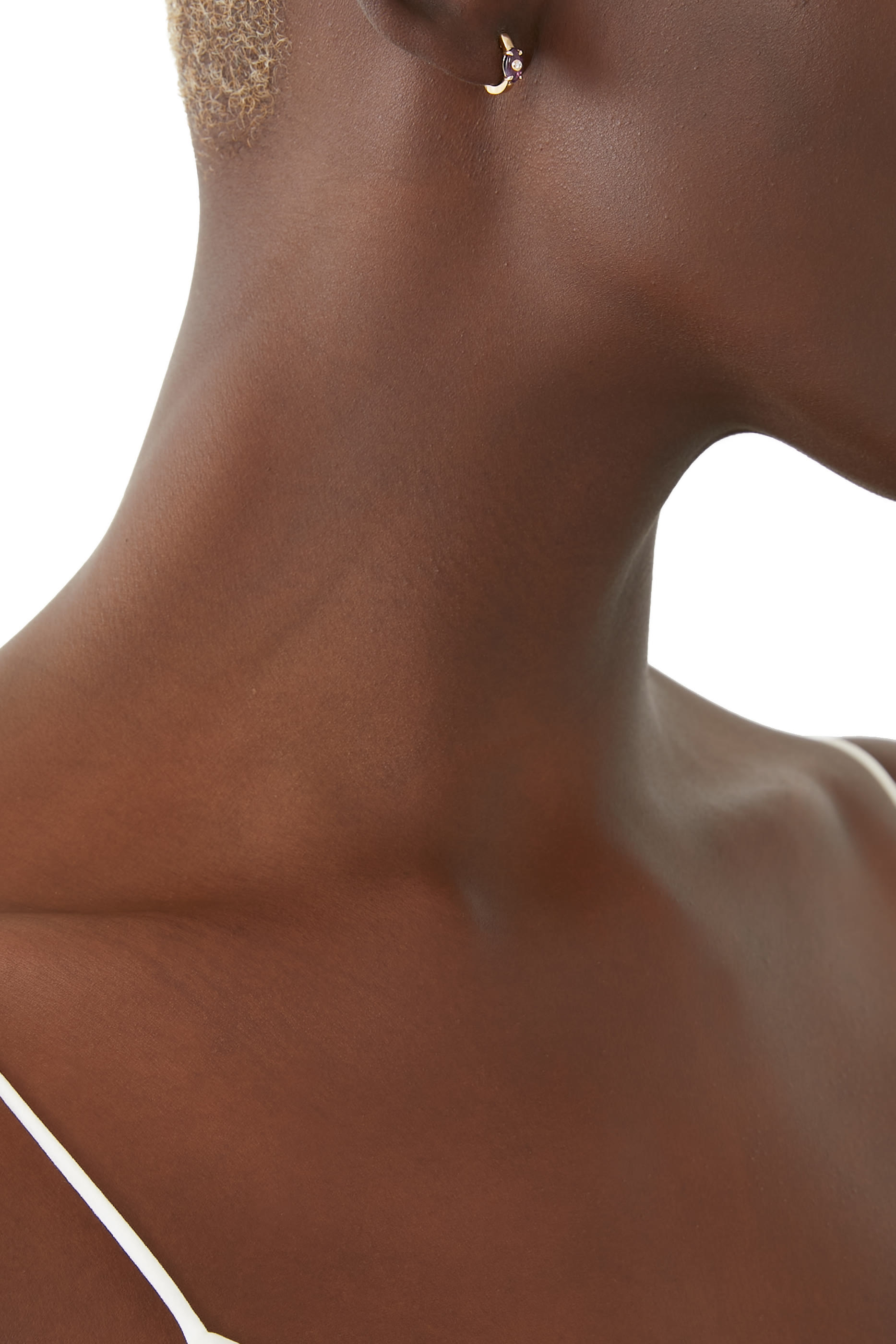 Tiny Carved Stone Huggie Earrings, 14k Yellow Gold, Amethyst & Diamond