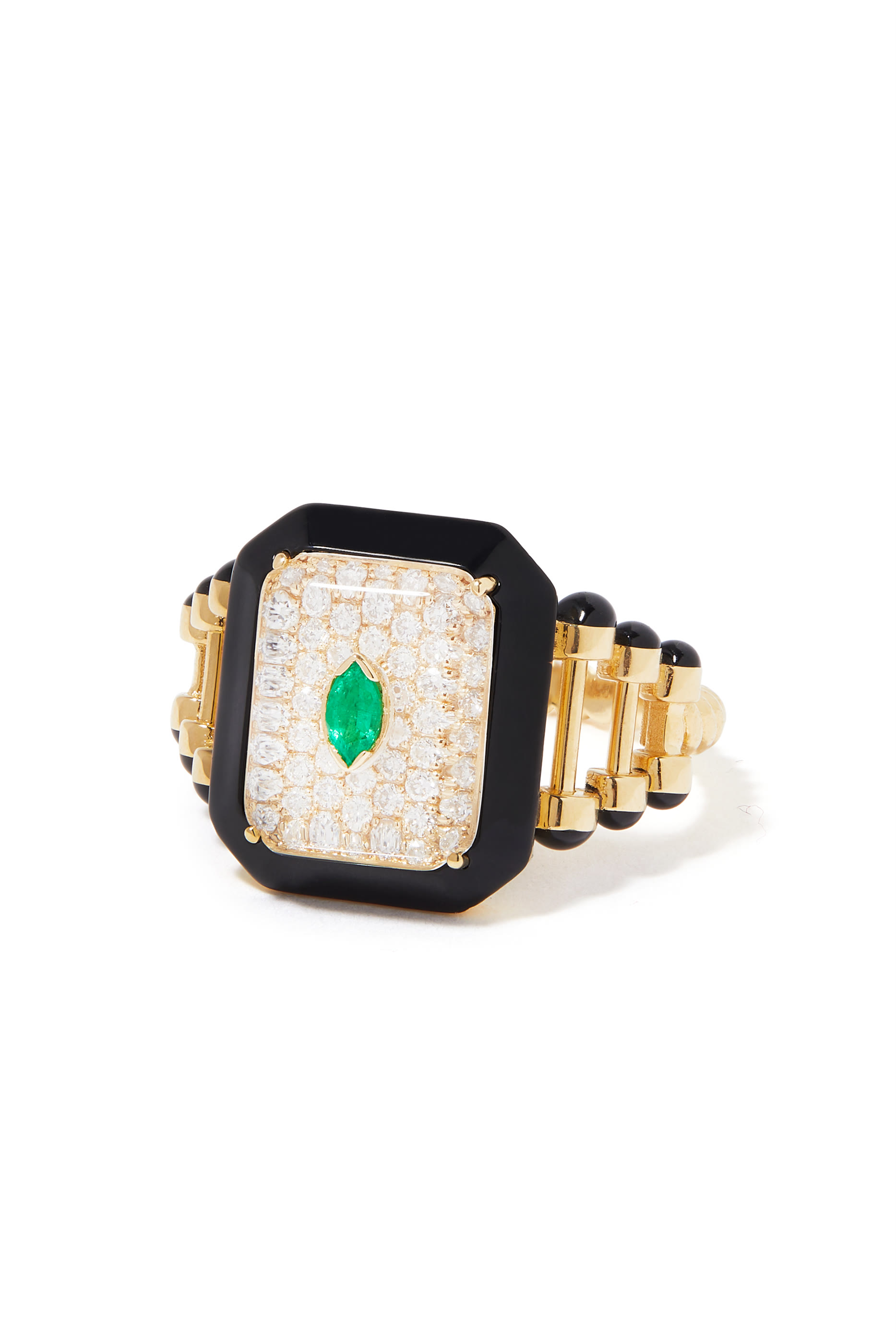 The Qabila Moment Ring, 18k Yellow Gold with Diamond & Emerald