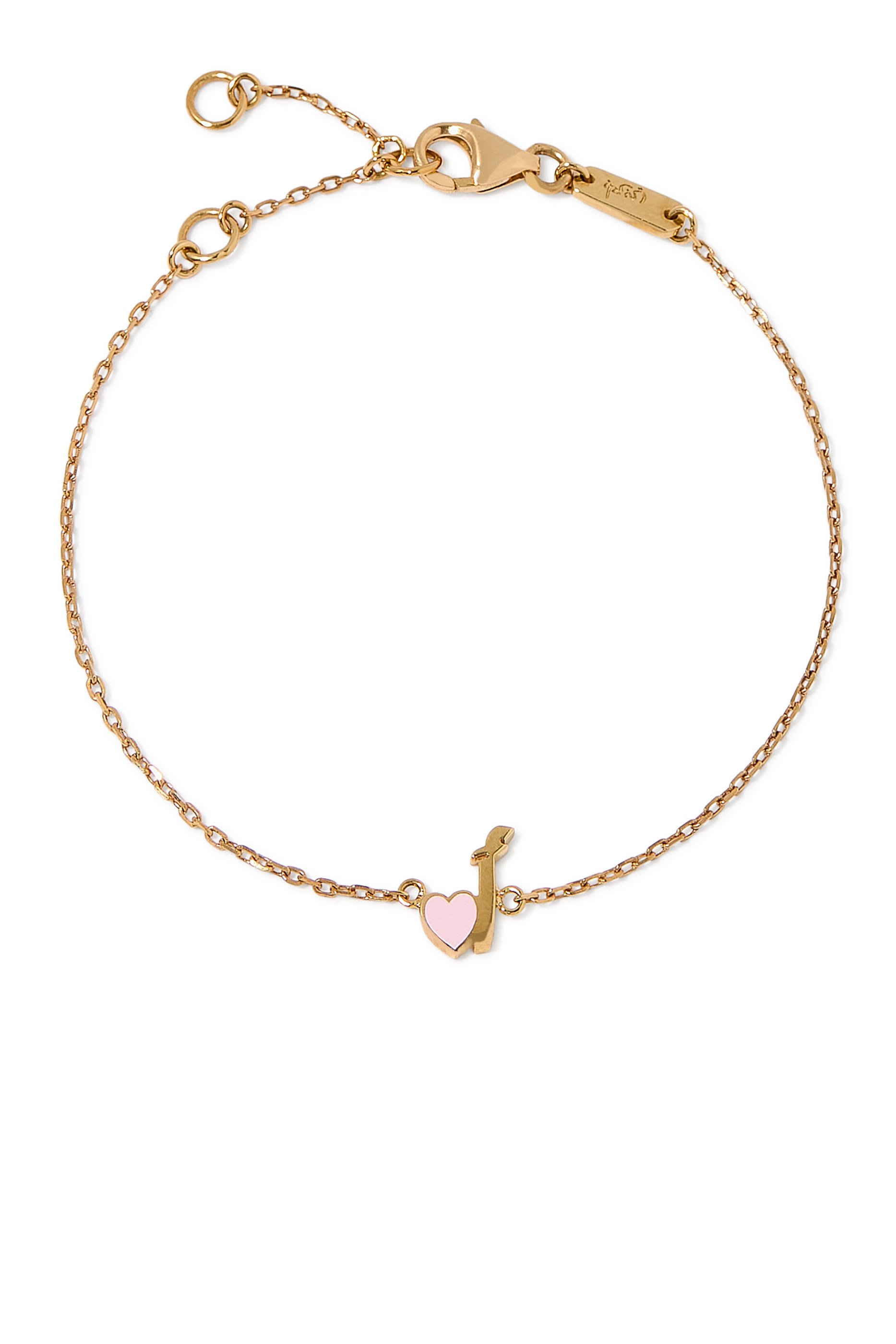 Kids Tiny Bling Heart Letter Alef Bracelet, 18k Yellow Gold & Enamel