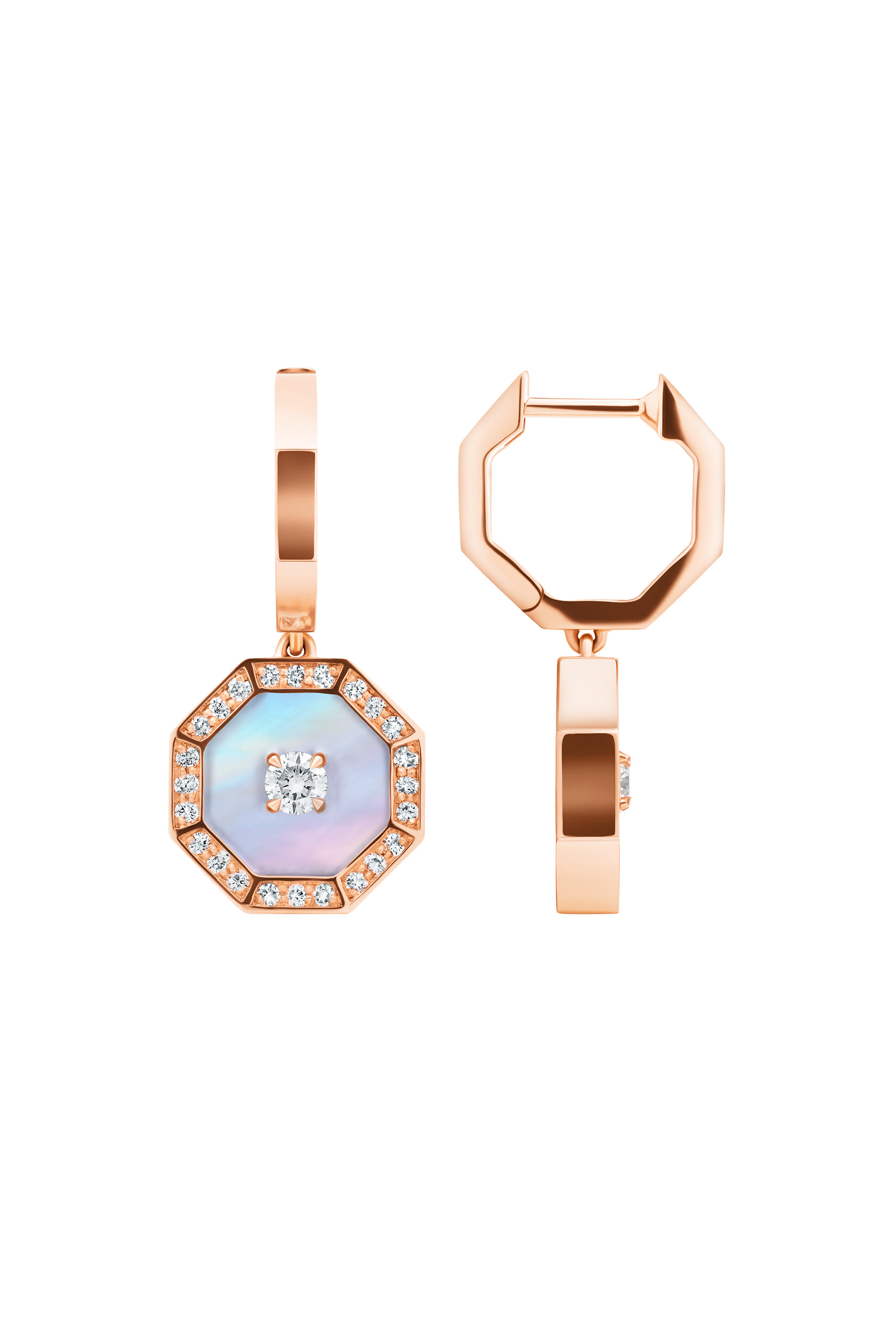 Ahjar Birwaz Dangling Hoop Earrings, 18K Rose Gold with Diamonds & Mother of Pearl