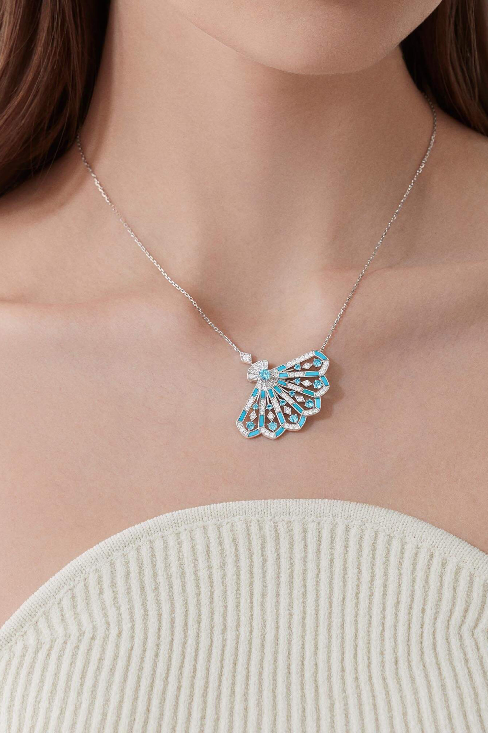 Fanfare Symphony Pendant, 18K White Gold with Diamonds, Aquamarines and Turquoise