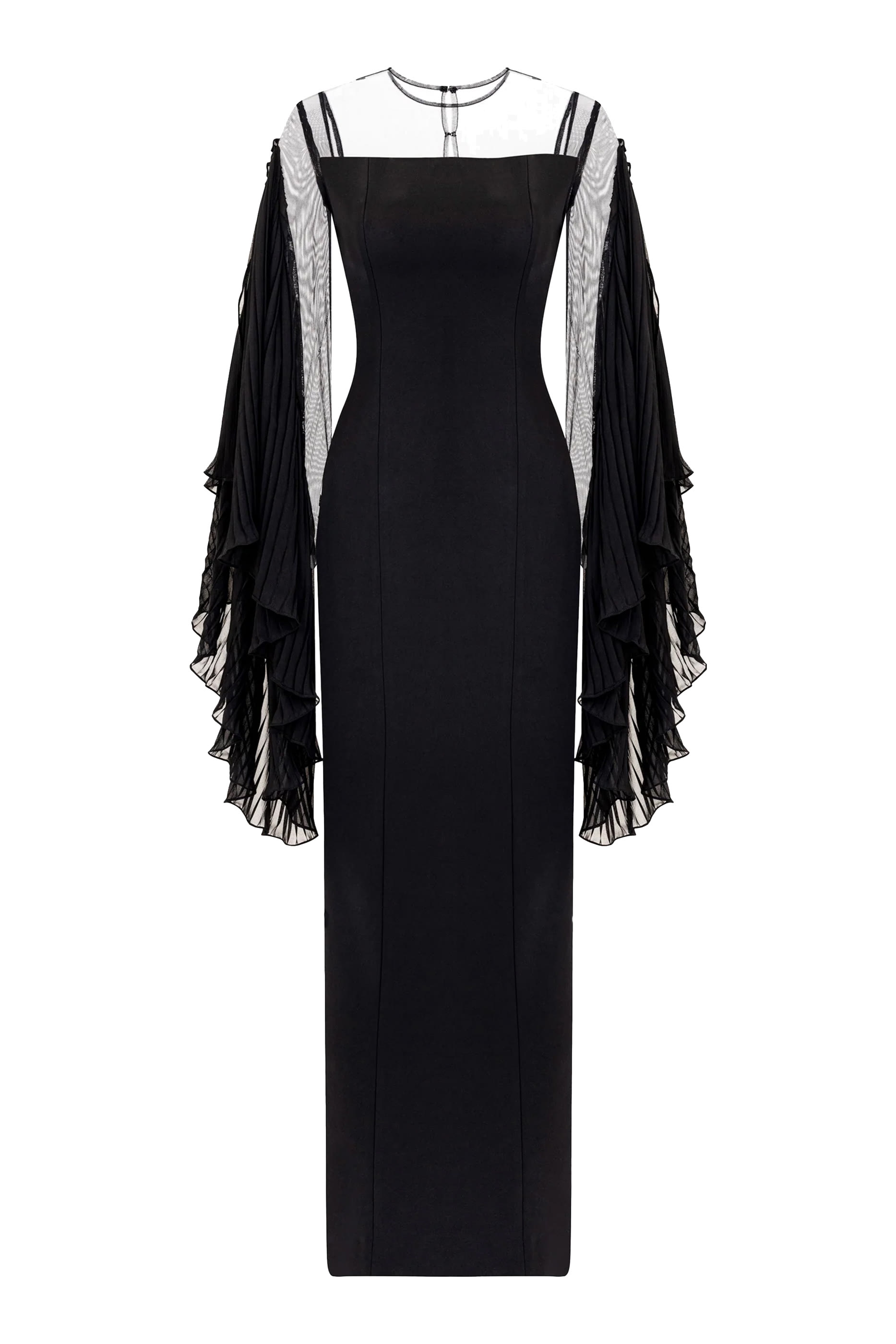 Long Sleeve Crepe Gown With Illusion & Pleated Chiffon Fringe Sleeve
