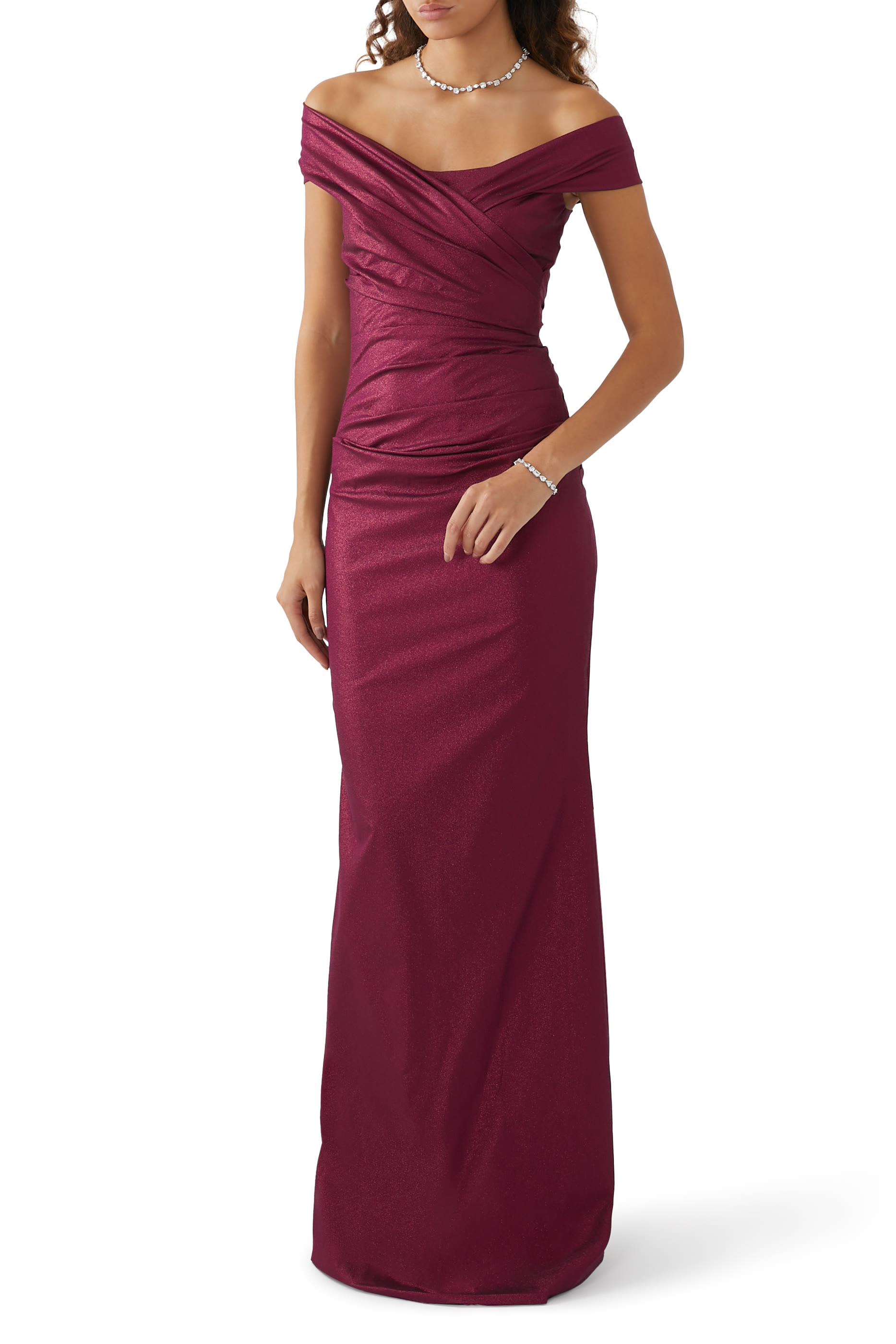 Stretch Metallic Taffeta Off-The-Shoulder Gown