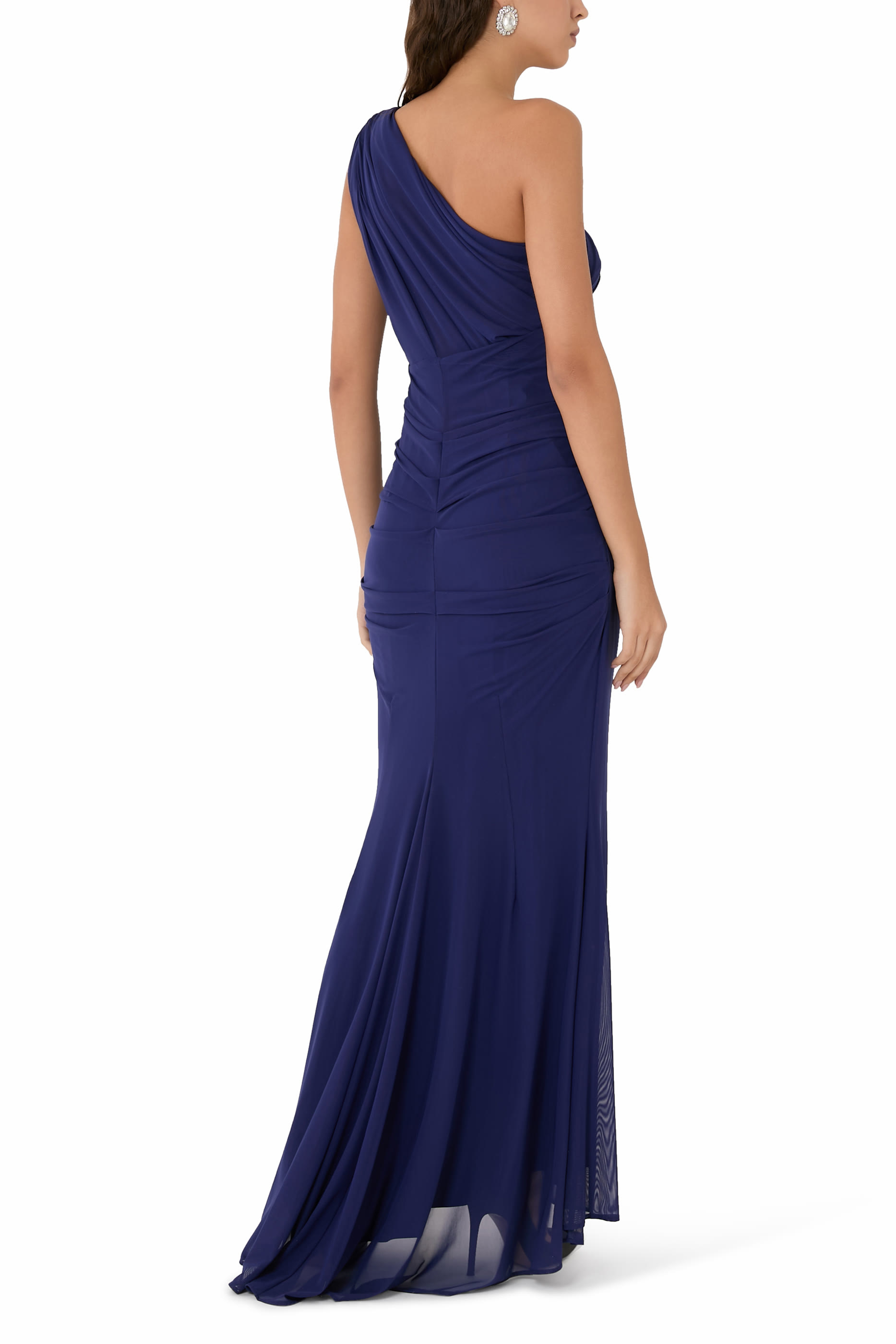 One-Shoulder Gathered Stretch-Mesh Maxi Dress